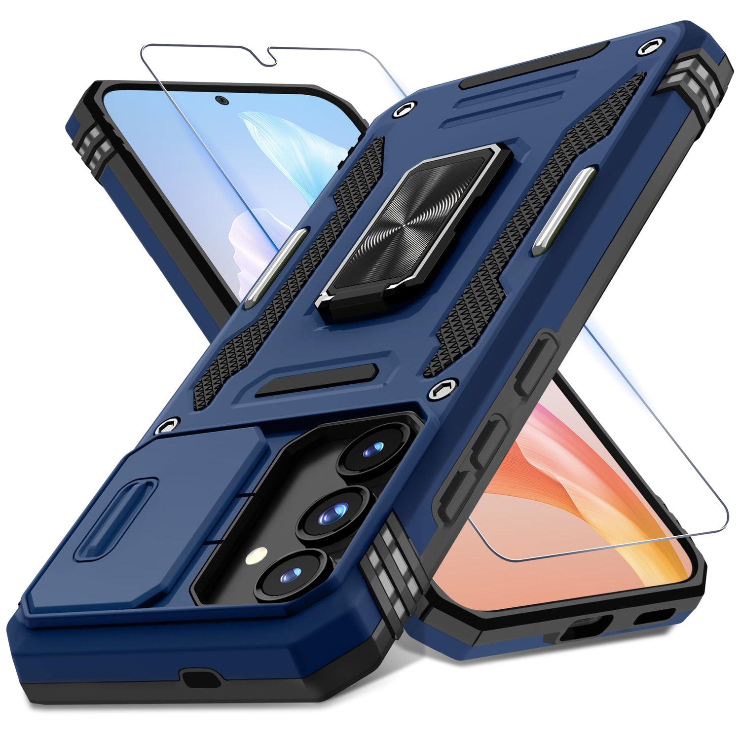 DEERLAMN Case for Samsung Galaxy S24 6.2-Inch with Slide Camera Cover+Screen Protector(1 Pack), Rotated Ring Kickstand Military Grade Shockproof Protective Cover-Black