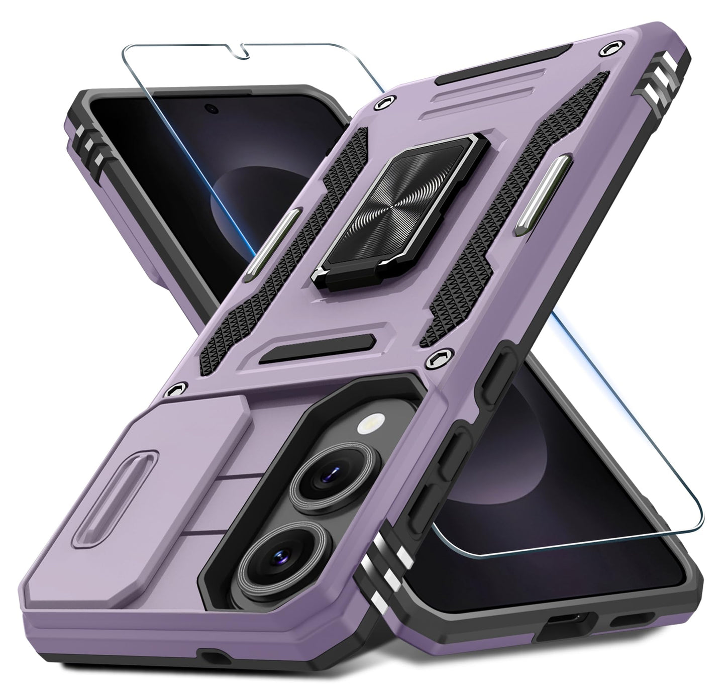 DEERLAMN Case for Samsung Galaxy A17 5G with Slide Camera Cover+Screen Protector (1 Pack), Rotated Ring Kickstand Military Grade Shockproof Protective Cover-Navy Blue