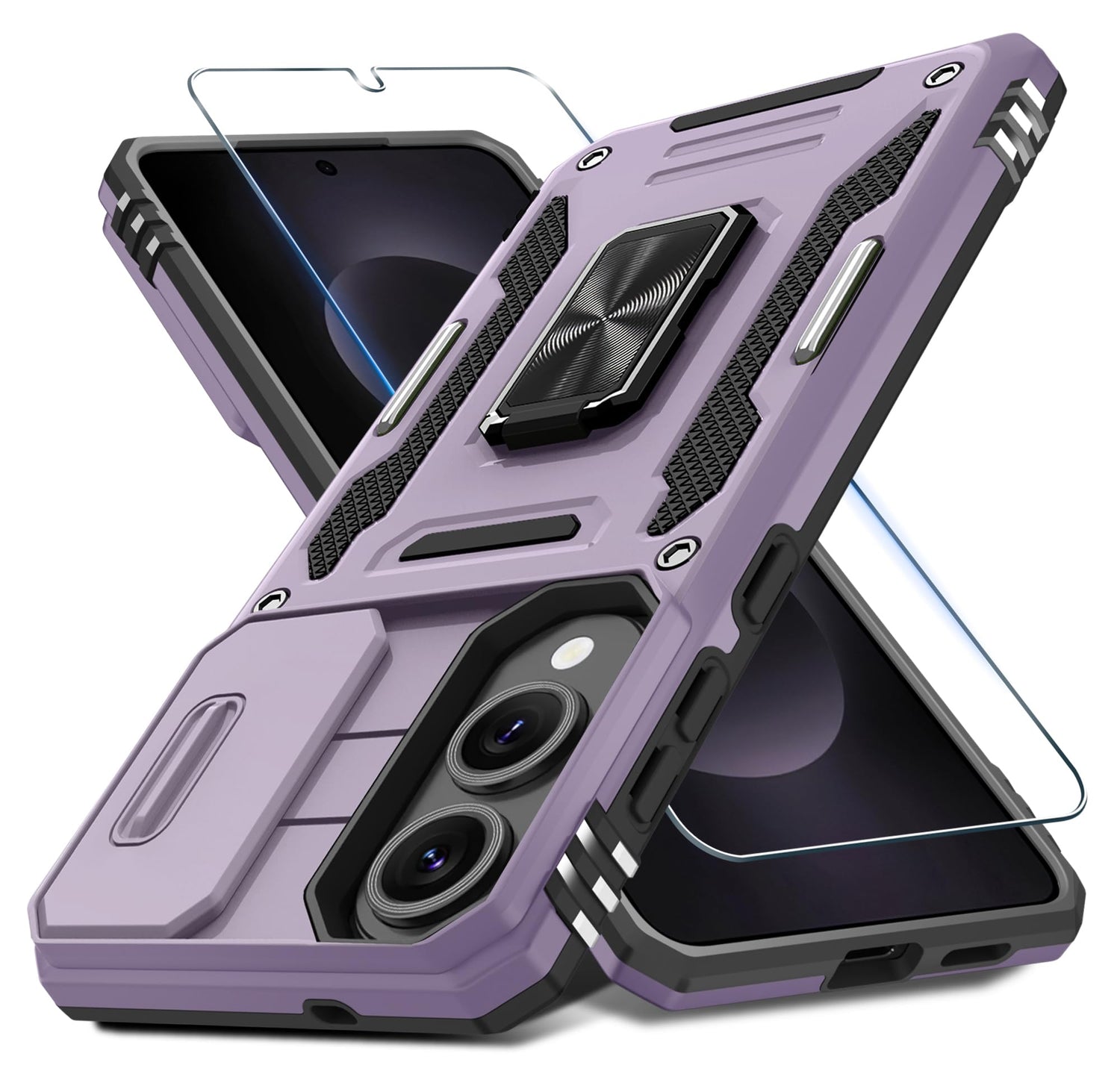 DEERLAMN Case for Samsung Galaxy A17 5G with Slide Camera Cover+Screen Protector (1 Pack), Rotated Ring Kickstand Military Grade Shockproof Protective Cover-Navy Blue