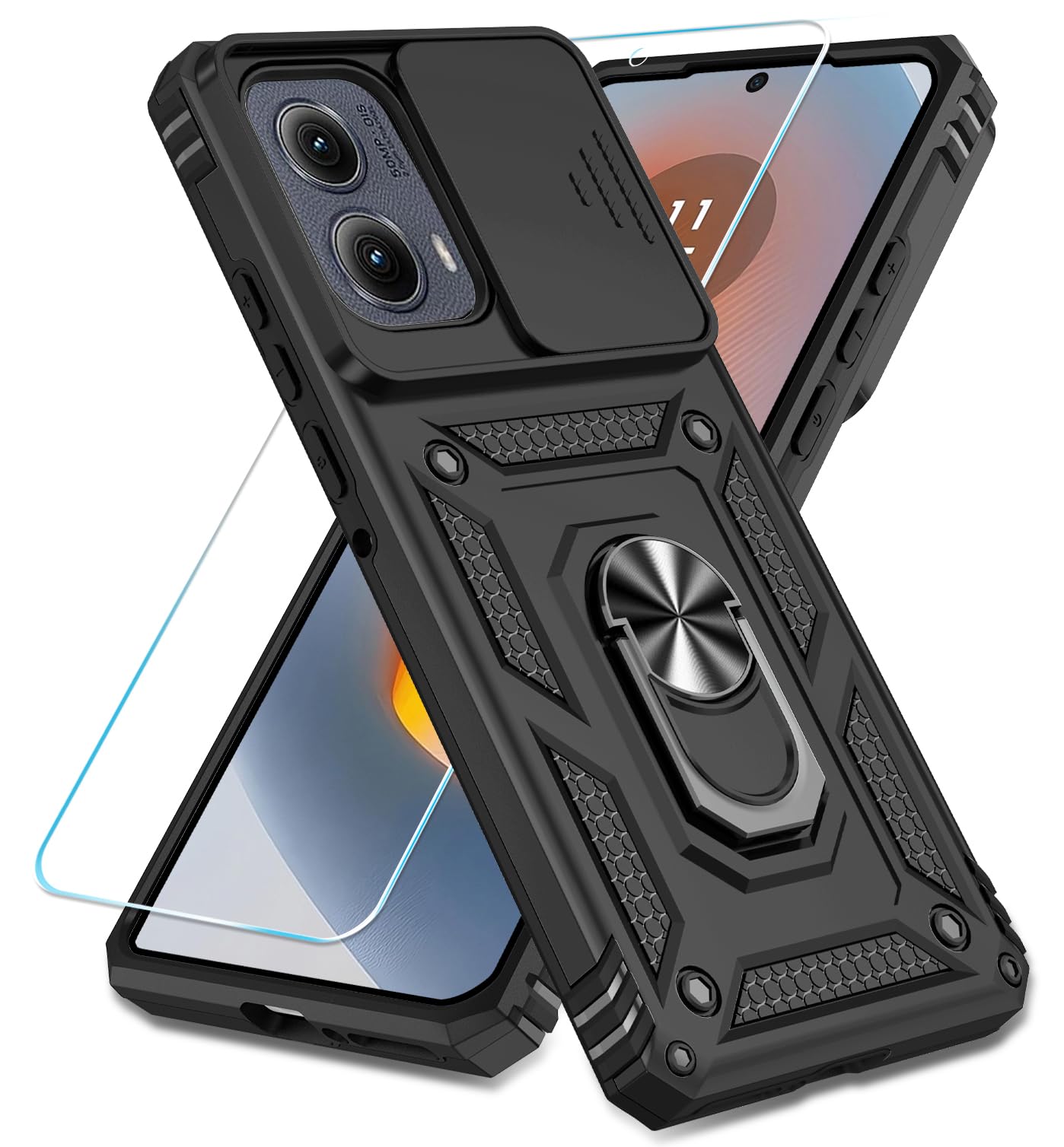 SunStory Phone Case for Motorola Moto Edge 2024 Case with HD Screen Protector & Slide Camera Cover & Rotated Ring Kickstand, [Military-Grade] Phone Case for Moto Edge 2024 (Red)