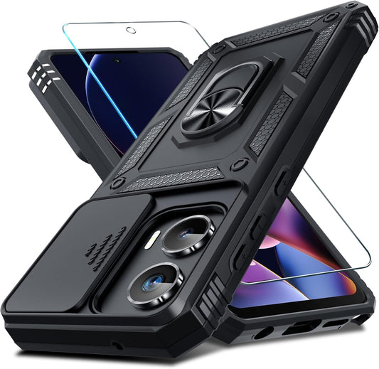 Janmitta Compatible with Moto G Stylus 5G 2024 Case Built in Slide Camera Lens Cover+Screen Protector+Finger Ring Holder Kickstand,Heavy Duty Shockproof Full Body Protective Phone Cover,Black