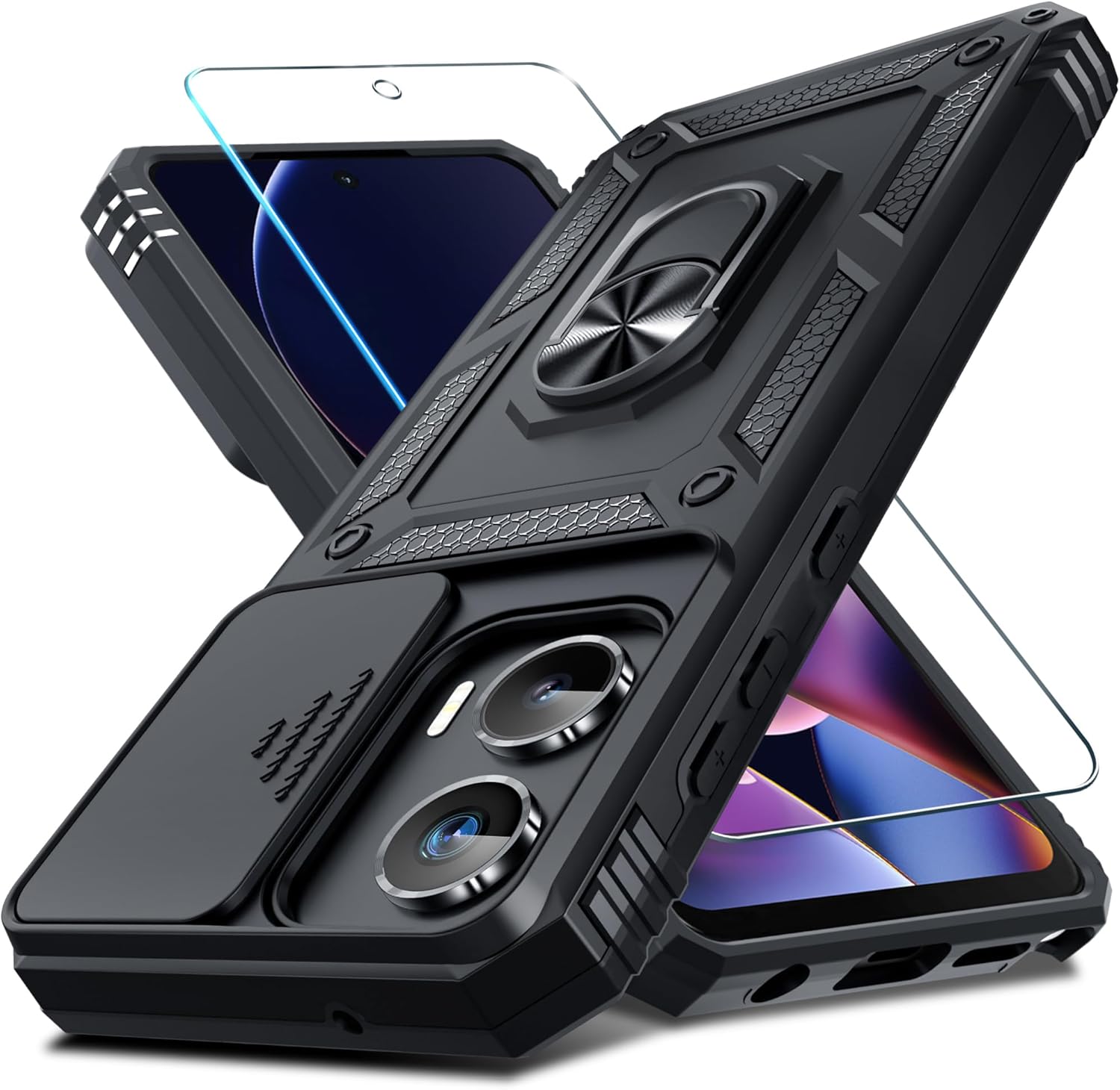 Janmitta Compatible with Moto G Stylus 5G 2024 Case Built in Slide Camera Lens Cover+Screen Protector+Finger Ring Holder Kickstand,Heavy Duty Shockproof Full Body Protective Phone Cover,Black