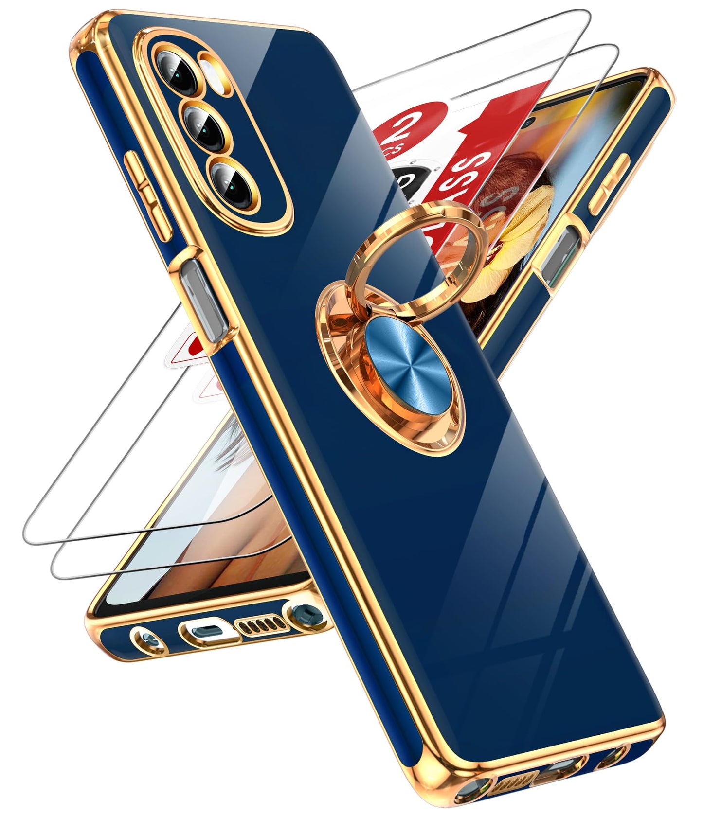 LeYi for Moto G Stylus 5G 2022 Case: with Tempered Glass Screen Protector [2 Pack] 360° Rotatable Ring Holder Magnetic Kickstand, Plating Rose Gold Edge for Motorola G Stylus 5G 2022 Case, Black
