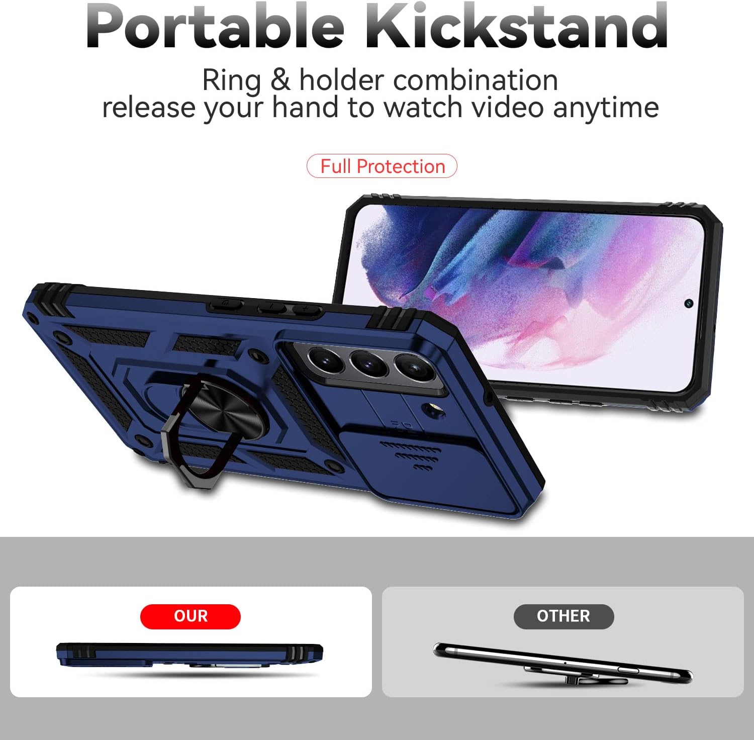 Military Grade Case for Galaxy S22 Plus with Kickstand & Slide Camera Cover Protection - Shockproof Case for Samsung Galaxy S22 Plus (Blue)