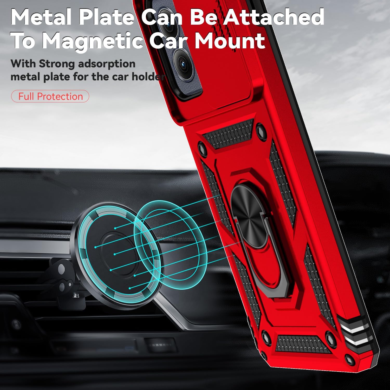 SunStory Phone Case for Motorola Moto Edge 2024 Case with HD Screen Protector & Slide Camera Cover & Rotated Ring Kickstand, [Military-Grade] Phone Case for Moto Edge 2024 (Red)