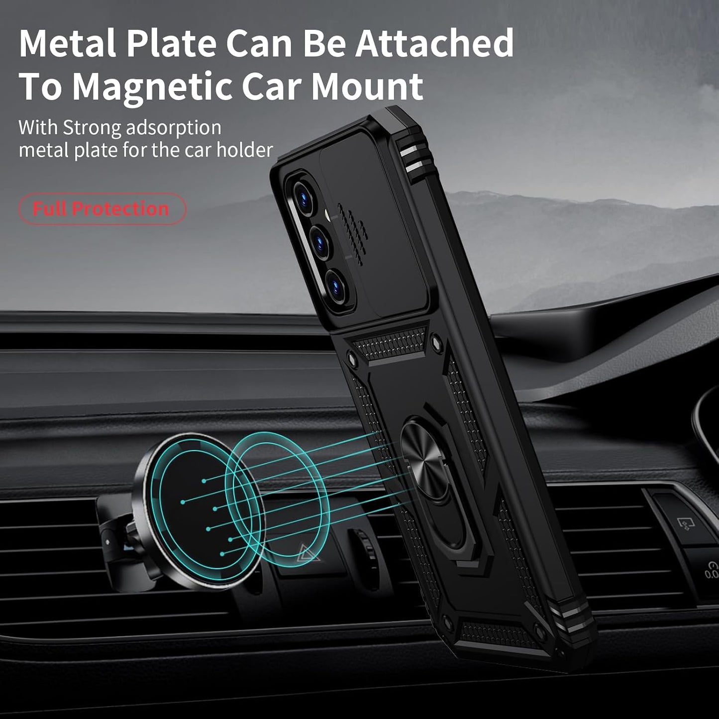 for Samsung Galaxy A25 5G Case with Camera Lens Cover, HD Screen Protector, 10 FT Military Grade Drop Protection, Magnetic Ring Holder Kickstand Protective Phone Case for Galaxy A25 5G,Black