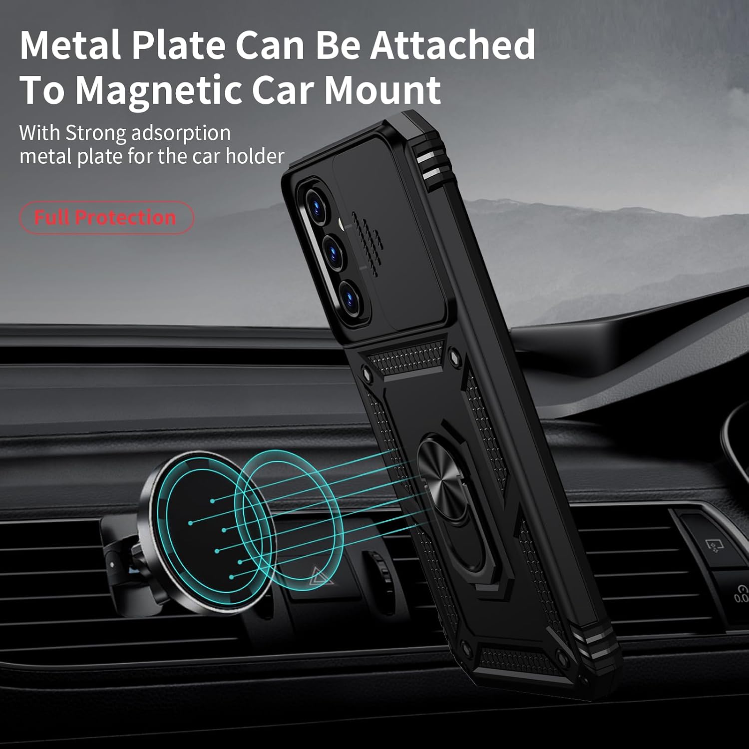 for Samsung Galaxy A25 5G Case with Camera Lens Cover, HD Screen Protector, 10 FT Military Grade Drop Protection, Magnetic Ring Holder Kickstand Protective Phone Case for Galaxy A25 5G,Black