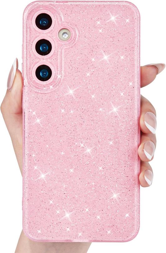 for Samsung Galaxy S24 Plus/ S25 Plus Phone Case Glitter Sparkly, Girly Cute Bling Glittery Sparkle, Shiny Shimmer Glossy Jelly Bright Silicone Slim Case for Women & Camera Cover, Light Pink