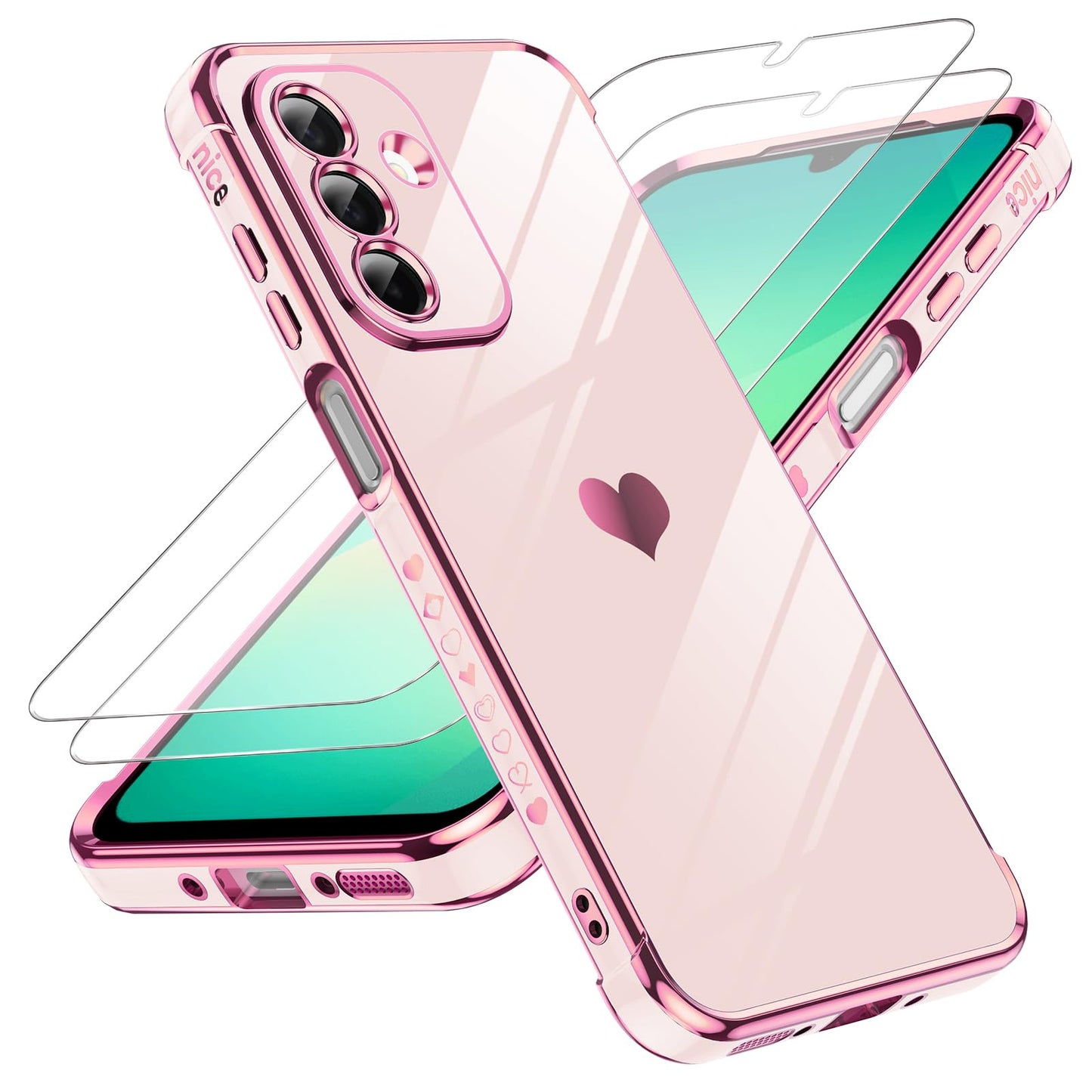LeYi for Galaxy A16-5G Phone Case: Tempered Glass Screen Protector [2 Pcs]+ Full Camera Lens Protection,Love Heart Plating Luxury Shockproof Phone Case para Samsung A 16 5G Cute,Pink
