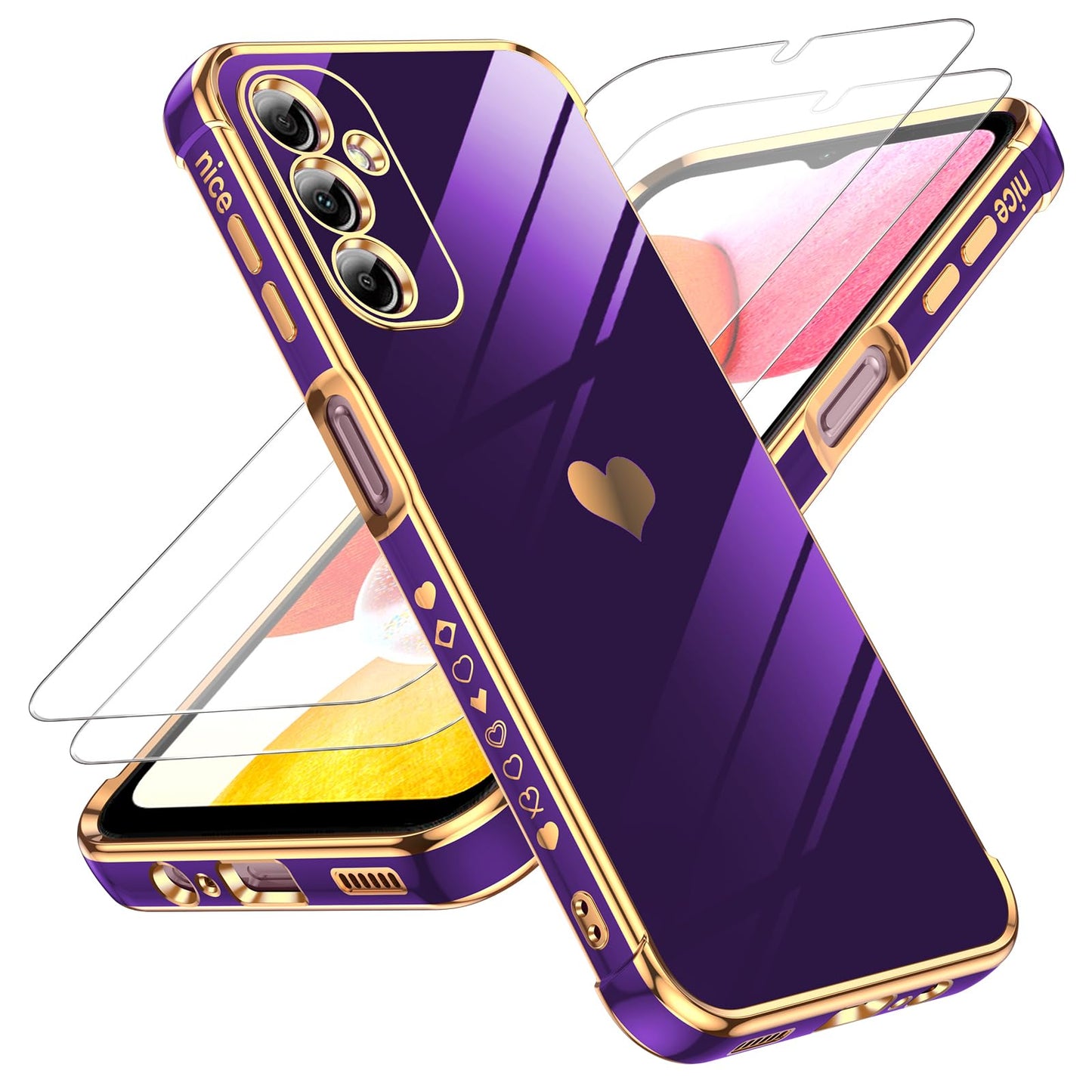 LeYi for Galaxy A16-5G Phone Case: Tempered Glass Screen Protector [2 Pcs]+ Full Camera Lens Protection,Love Heart Plating Luxury Shockproof Phone Case para Samsung A 16 5G Cute,Pink