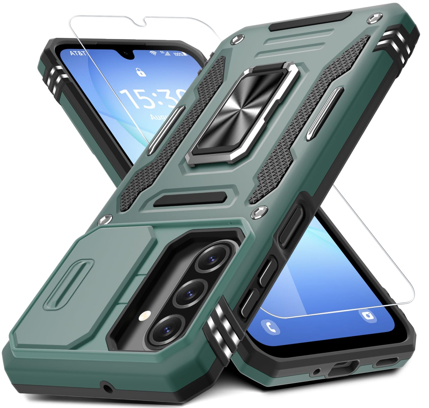 DEERLAMN Case for Samsung Galaxy A17 5G with Slide Camera Cover+Screen Protector (1 Pack), Rotated Ring Kickstand Military Grade Shockproof Protective Cover-Navy Blue