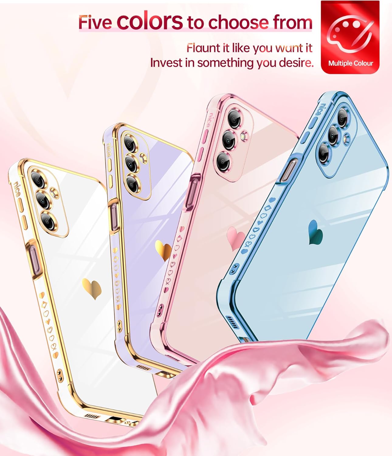 LeYi for Samsung Galaxy A14 5G Case: with Tempered Glass Screen Protector [2 Pcs]+ Full Camera Lens Protection, Love Heart Plating Girly Luxury Shockproof Case for A 14 5G, Pink