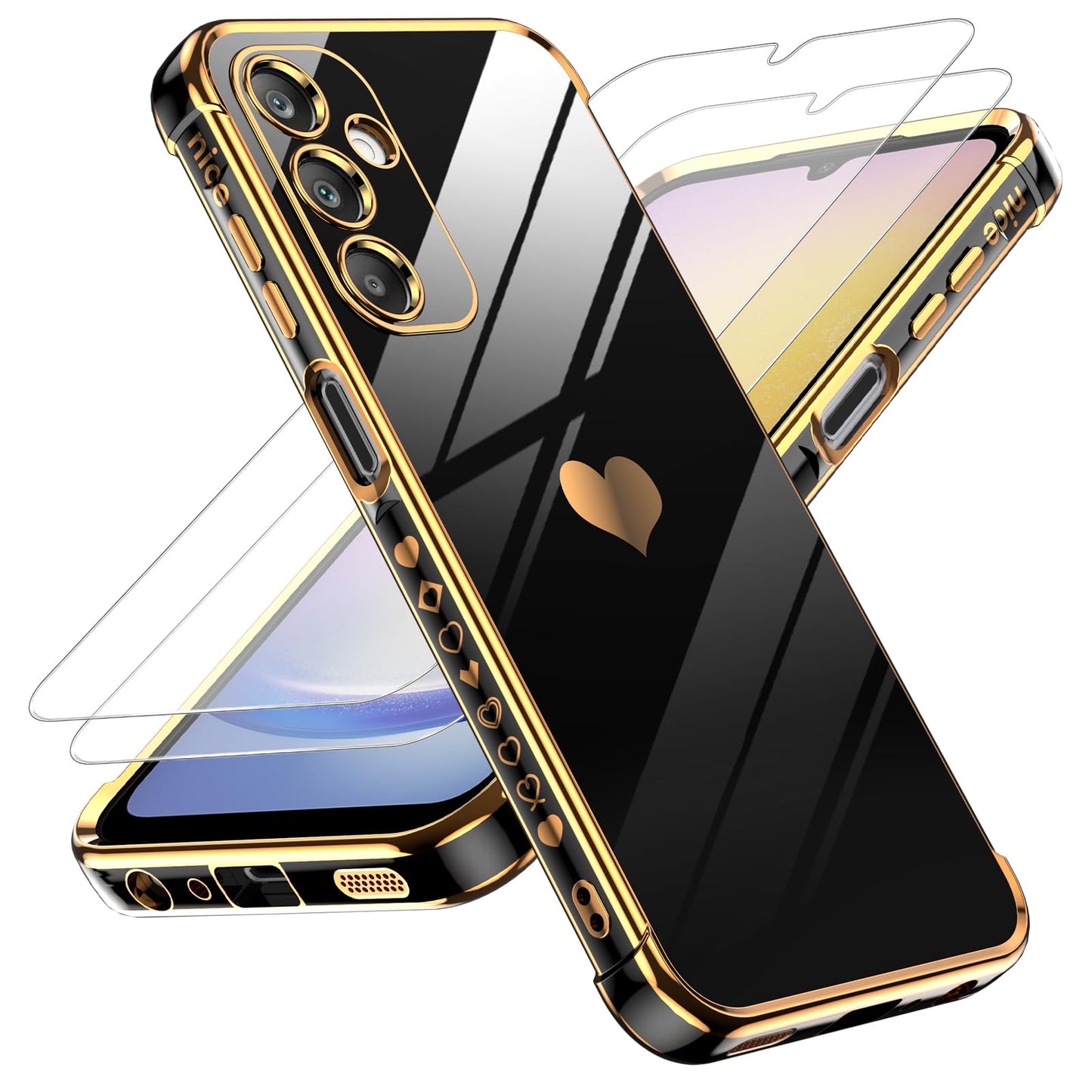 LeYi for Samsung Galaxy A25-5G Phone Case: with Tempered Glass Screen Protector [2 Pcs]+ Full Camera Lens Protection, Love Heart Plating Women Luxury Soft TPU Shockproof Case for Samsung A25 5G, Pink