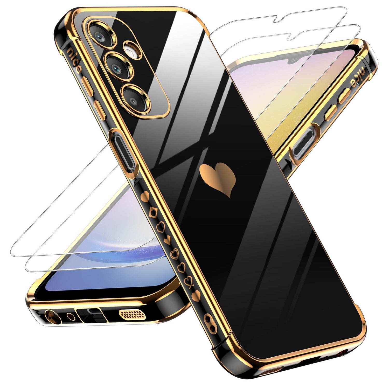 LeYi for Samsung Galaxy A25-5G Phone Case: with Tempered Glass Screen Protector [2 Pcs]+ Full Camera Lens Protection, Love Heart Plating Women Luxury Soft TPU Shockproof Case for Samsung A25 5G, Pink