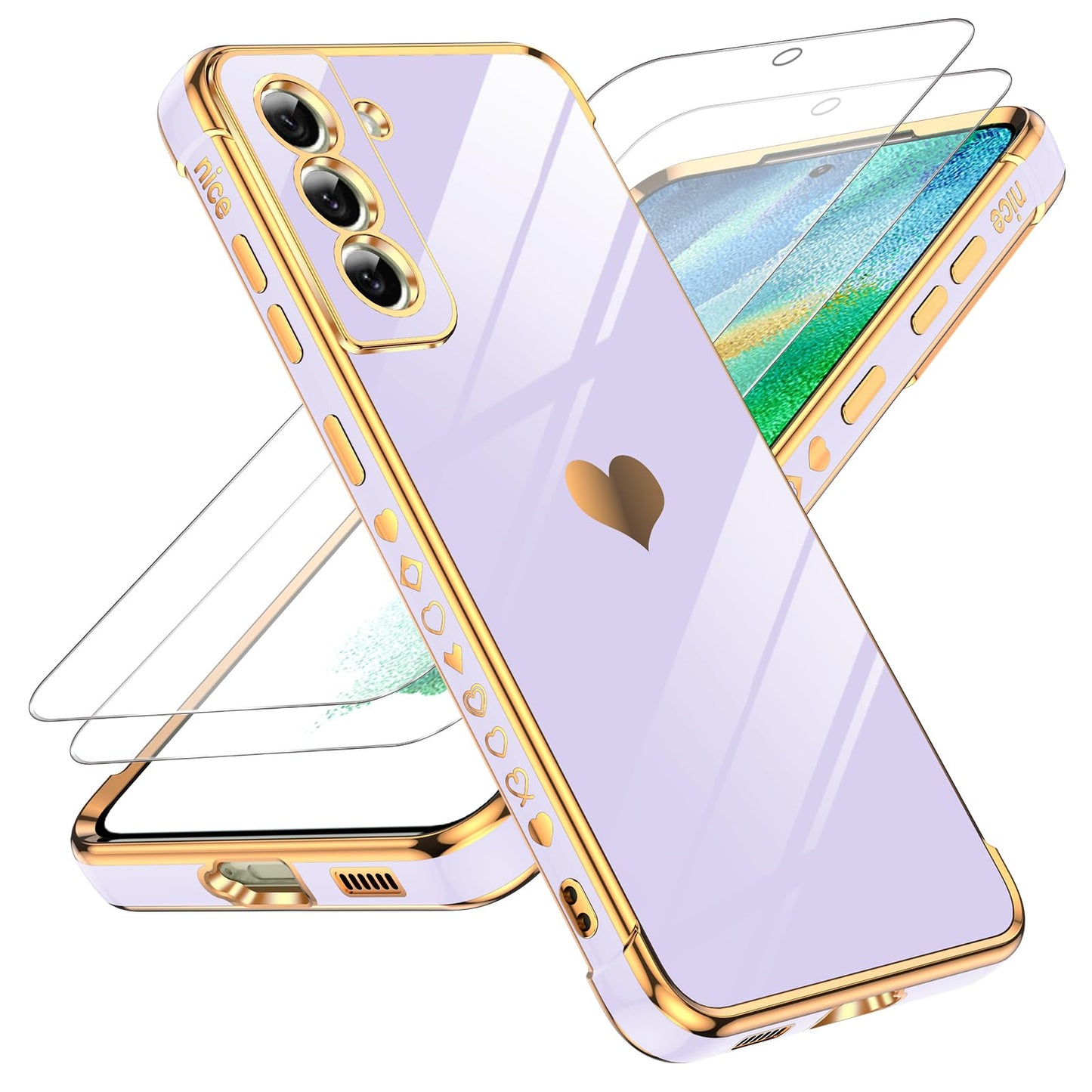 LeYi for Galaxy S23 FE Case: with Tempered Glass Screen Protector [2 Pcs]+ Full Camera Lens Protection, Love Heart Plating Women Cute Luxury Soft TPU Shockproof Case for Samsung S23FE 5G, Pink