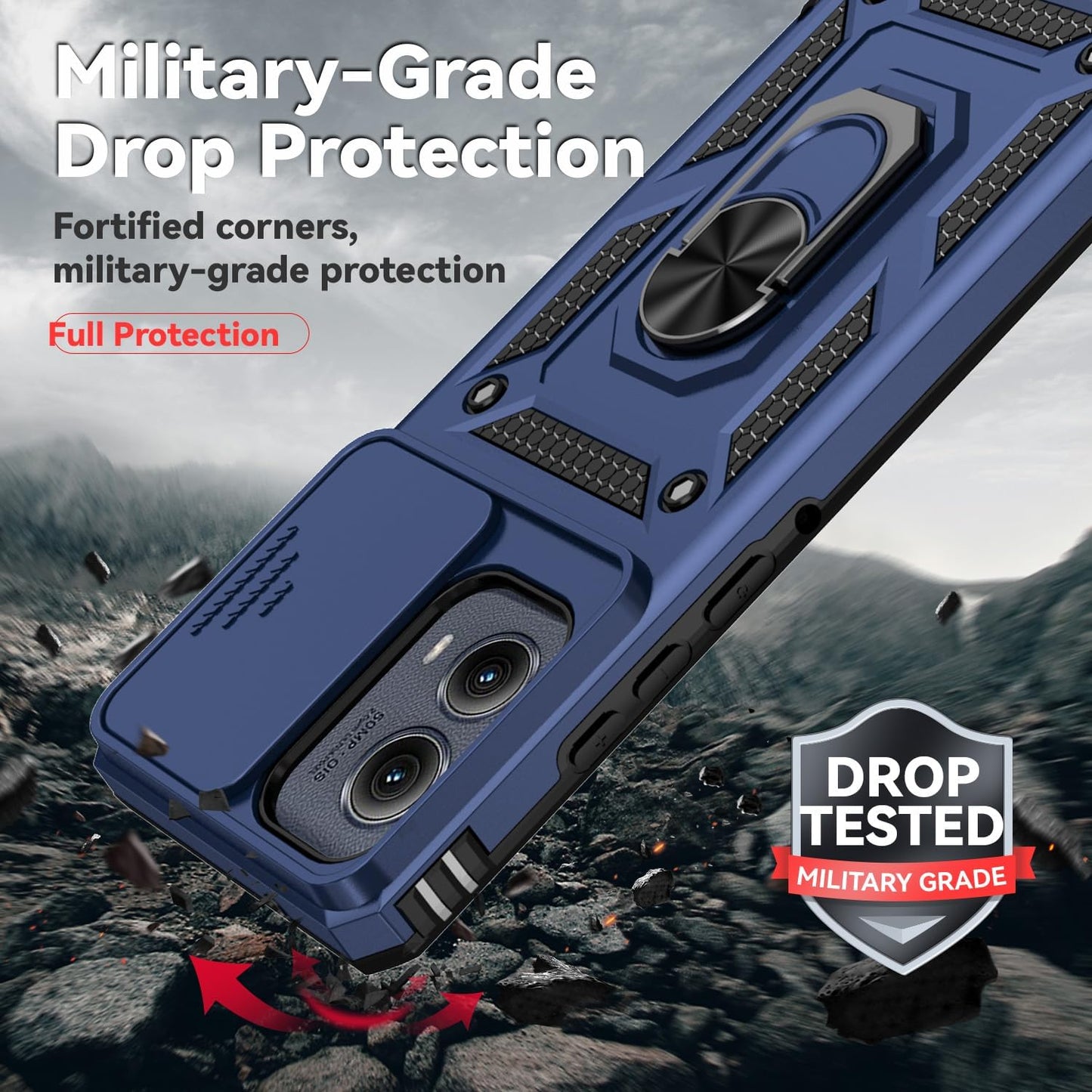 for Motorola Edge 2024 Case with Camera Lens Cover Screen Protector, Dual Layer Military-Grade Drop Tested Magnetic Ring Holder Kickstand Protective Phone Case for Motorola Moto Edge 2024 (Navy Blue)