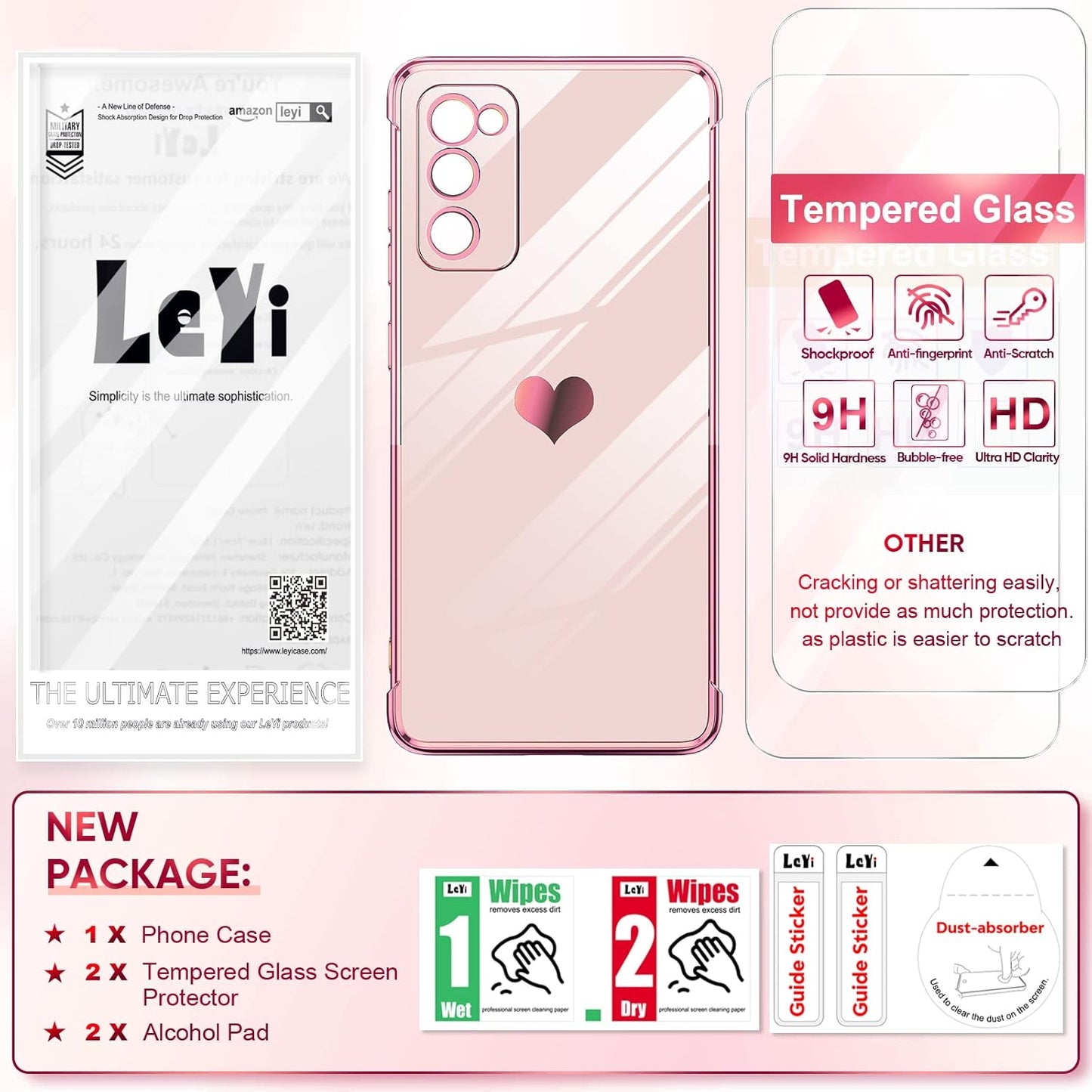 LeYi for Galaxy S20 FE 5G Case: with Screen Protector [2 Pcs]+ Full Camera Protection, Love Heart Plating Girly Women Cute Luxury Soft TPU Case for Samsung S20 Fe, Pink
