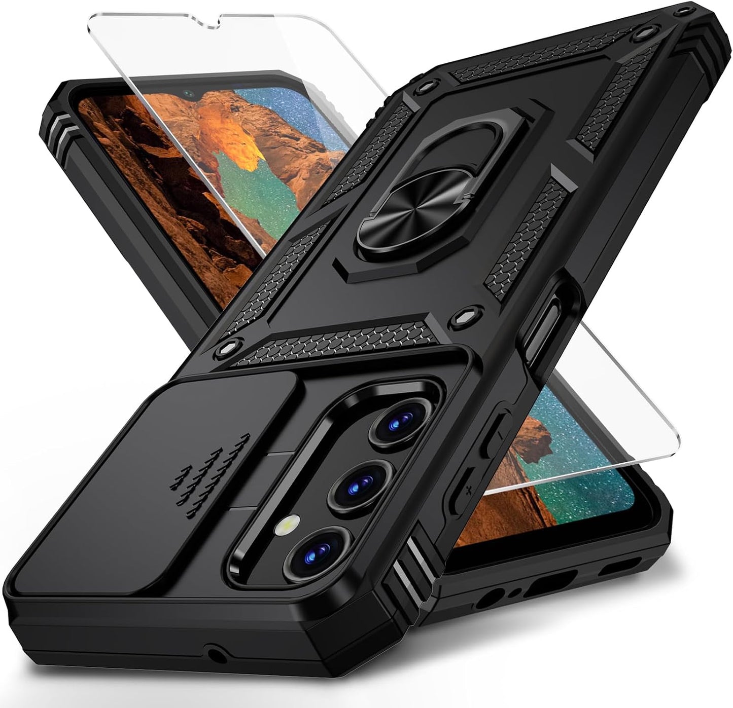 for Samsung Galaxy A25 5G Case with Camera Lens Cover, HD Screen Protector, 10 FT Military Grade Drop Protection, Magnetic Ring Holder Kickstand Protective Phone Case for Galaxy A25 5G,Black