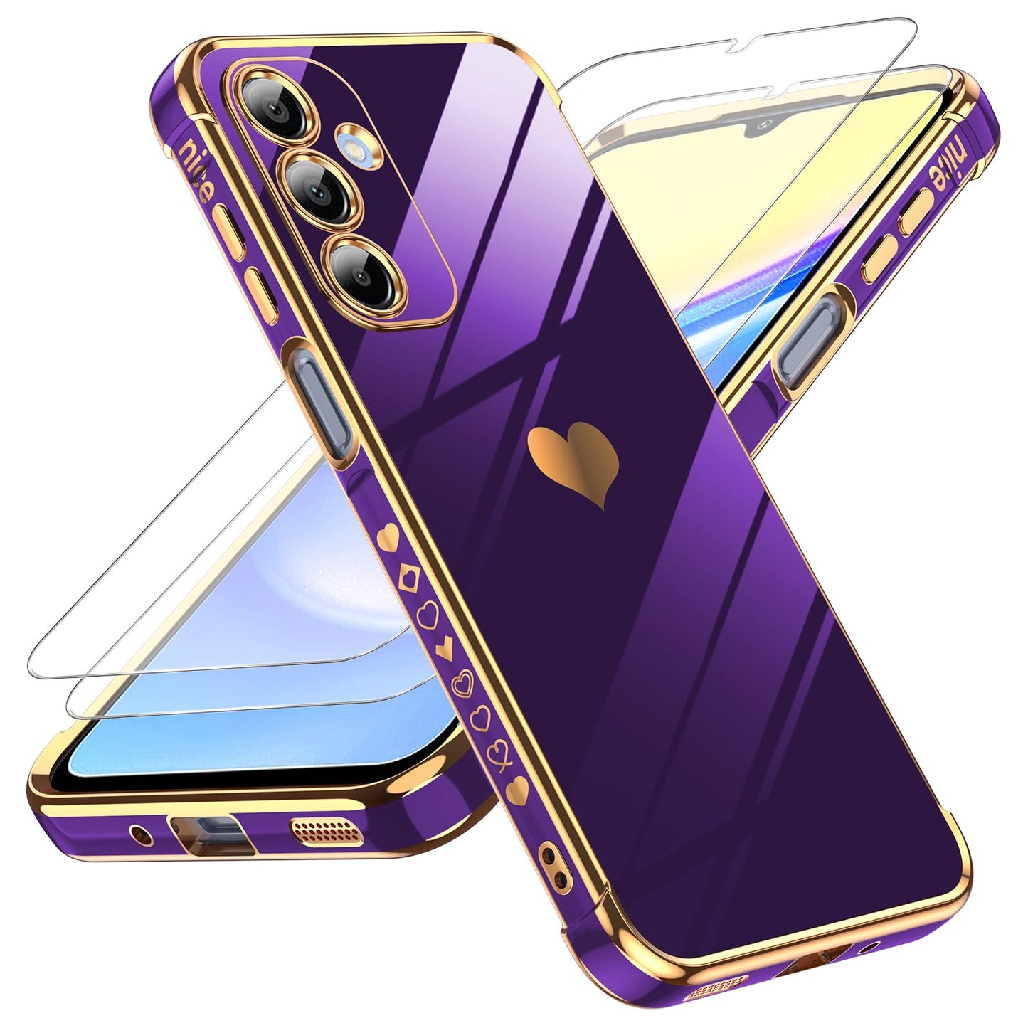 LeYi for Galaxy A16-5G Phone Case: Tempered Glass Screen Protector [2 Pcs]+ Full Camera Lens Protection,Love Heart Plating Luxury Shockproof Phone Case para Samsung A 16 5G Cute,Pink