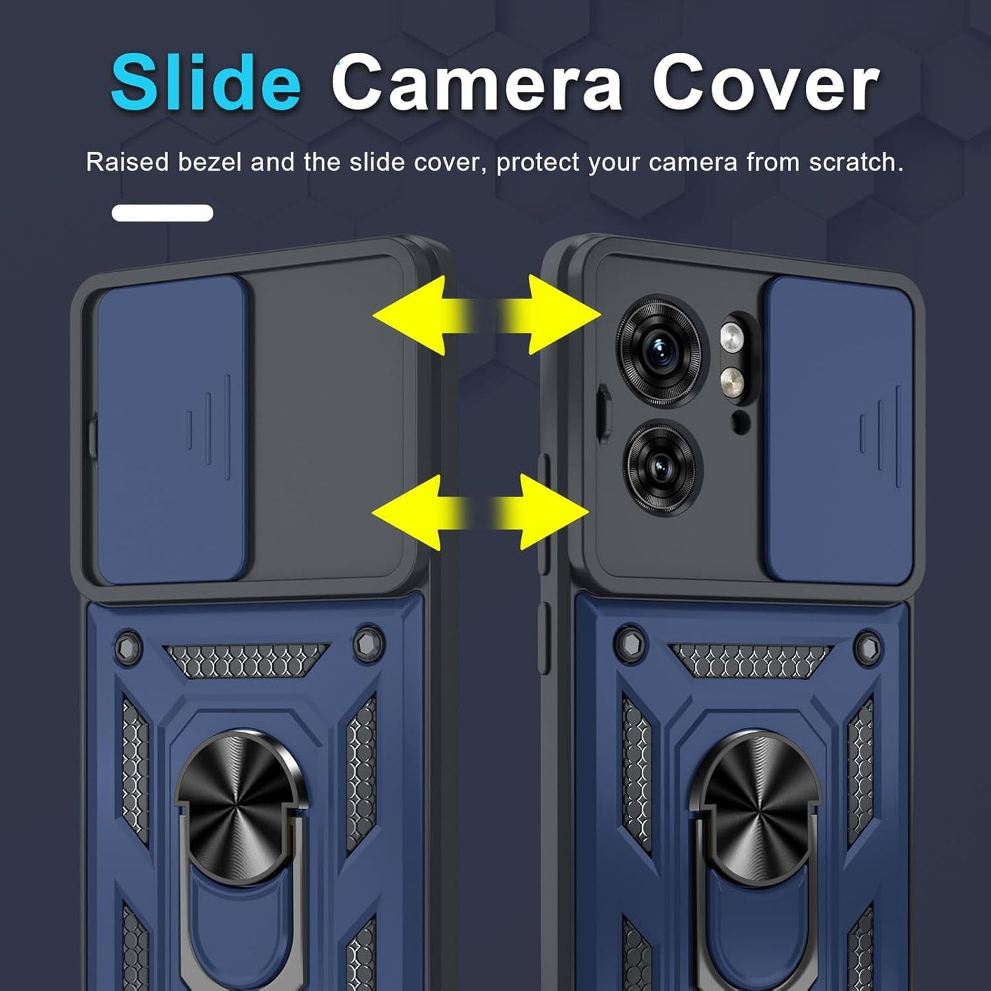 Janmitta Compatible with Moto Edge 2023 Case Built in Slide Camera Lens Cover+Finger Ring Holder Kickstand,Heavy Duty Shockproof Full Body Phone Cover,Blue