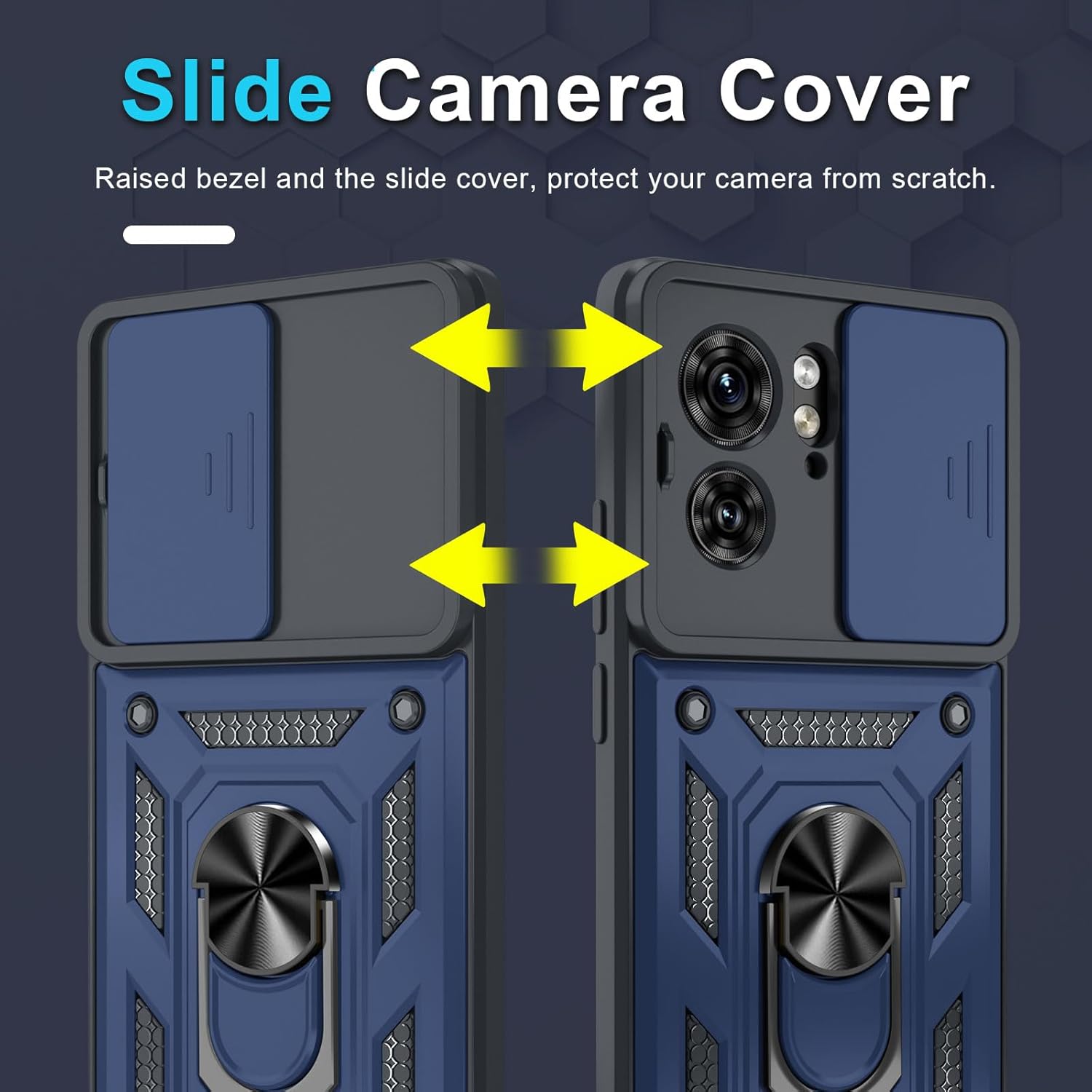 Janmitta Compatible with Moto Edge 2023 Case Built in Slide Camera Lens Cover+Finger Ring Holder Kickstand,Heavy Duty Shockproof Full Body Phone Cover,Blue