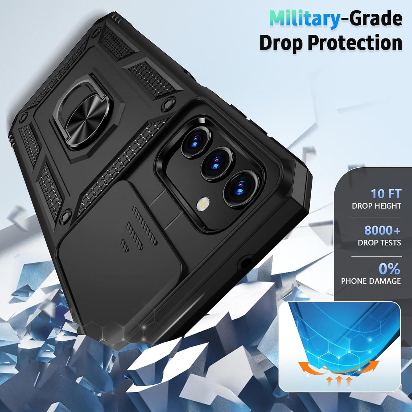 for Samsung Galaxy A25 5G Case with Camera Lens Cover, HD Screen Protector, 10 FT Military Grade Drop Protection, Magnetic Ring Holder Kickstand Protective Phone Case for Galaxy A25 5G,Black