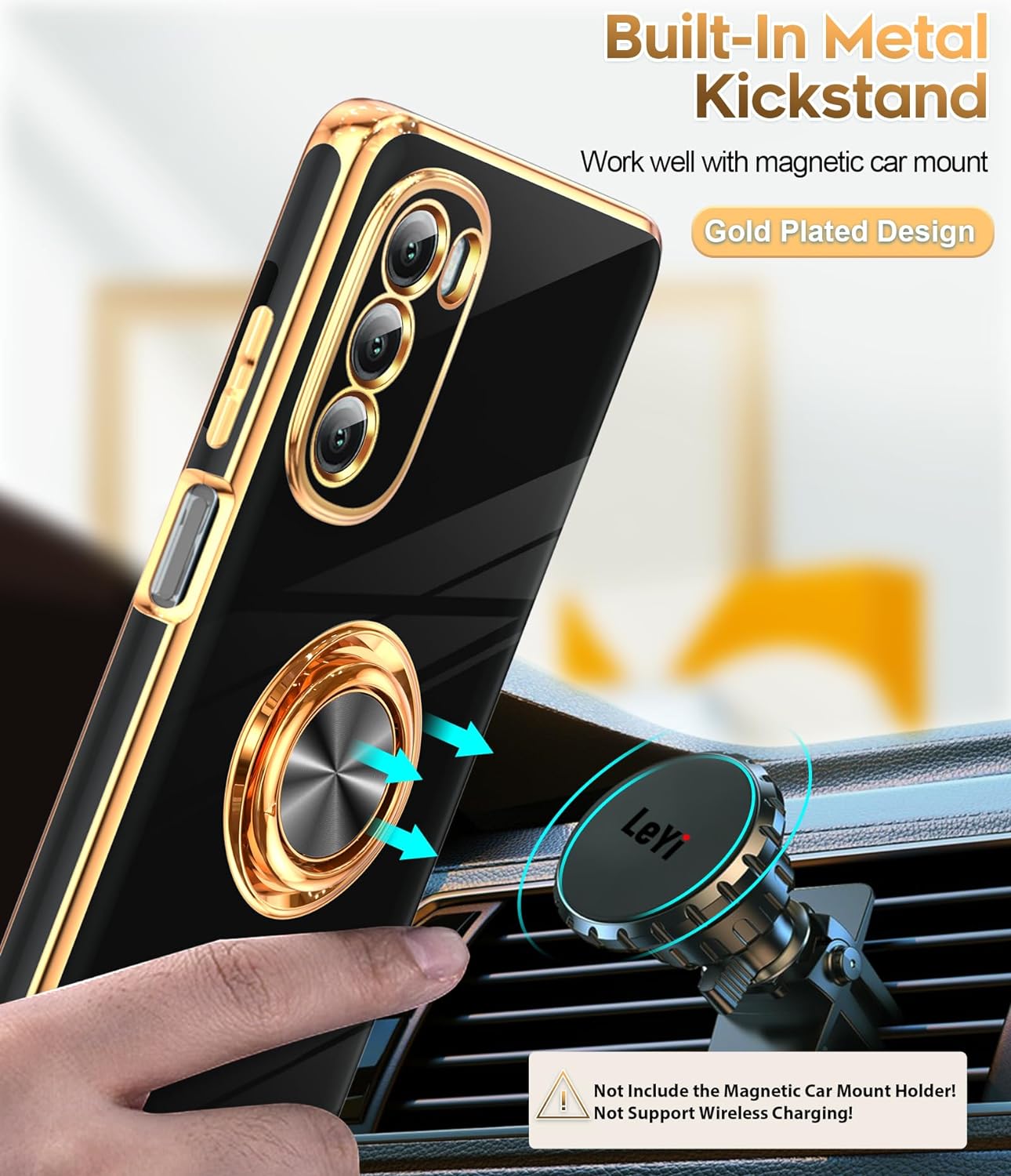 LeYi for Moto G Stylus 5G 2022 Case: with Tempered Glass Screen Protector [2 Pack] 360° Rotatable Ring Holder Magnetic Kickstand, Plating Rose Gold Edge for Motorola G Stylus 5G 2022 Case, Black
