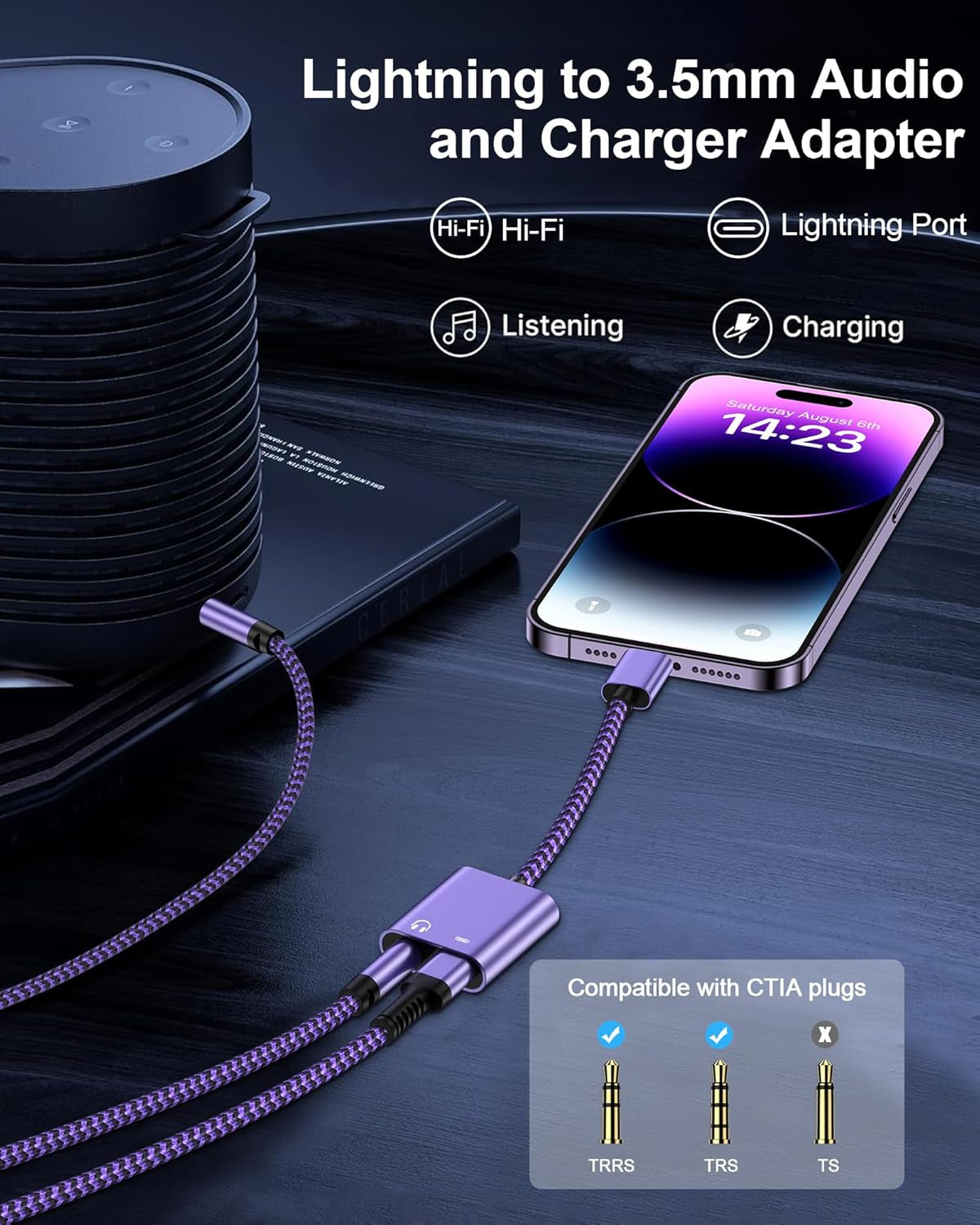 Iphone Dongle Headphone and Charger 2 in 1, Lightning to 3.5Mm Audio Jack + Charge Splitter [Mfi Certified] Iphone Aux Adapter Female Converter for Apple 14 plus 13 12 11 Pro Max XR XS Ipad Mini Ipod