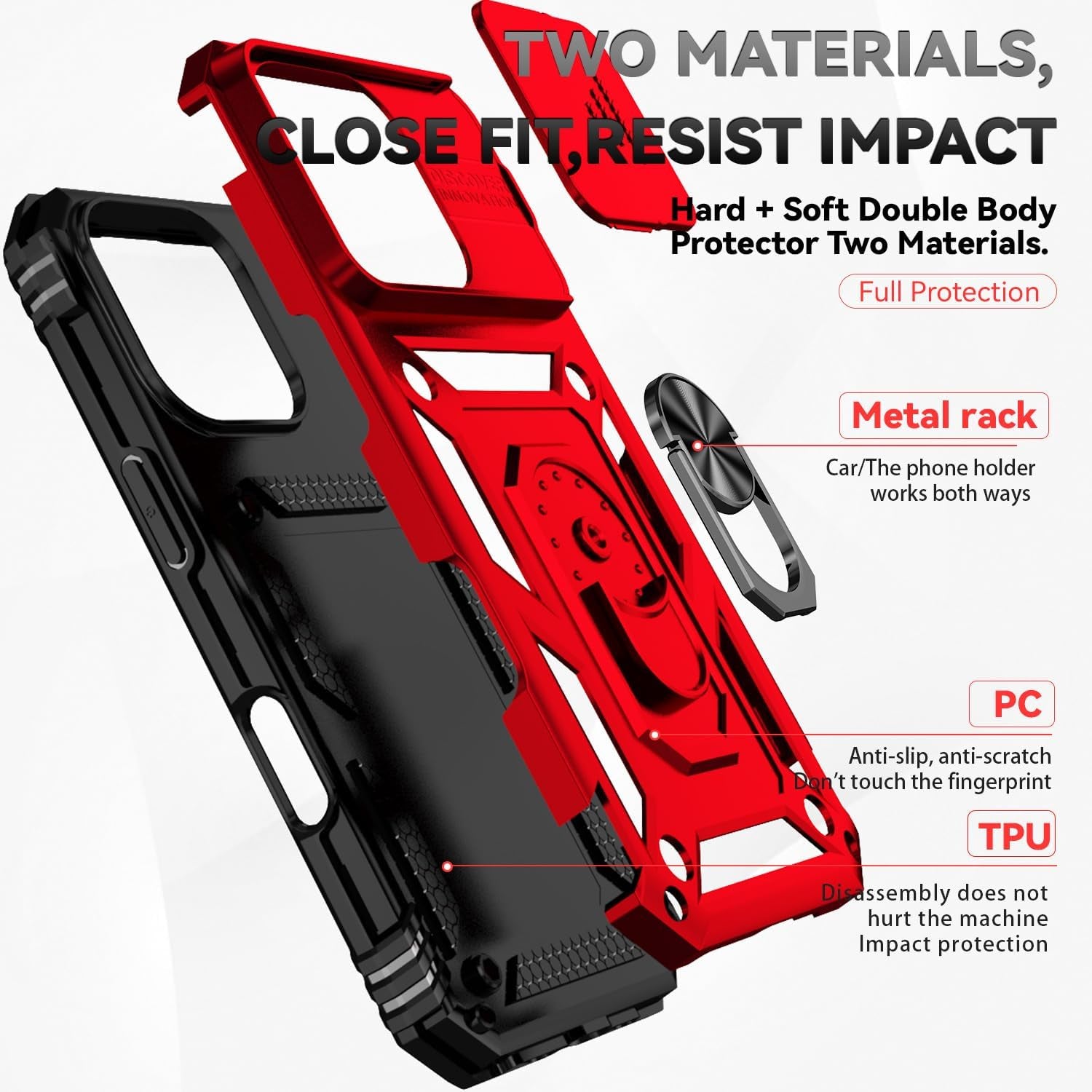 Case for Iphone 16 Pro Case with HD Screen Protector & Slide Camera Cover & Rotated Ring Kickstand, [Military-Grade] Phone Case for Iphone 16 Pro 6.3", Red
