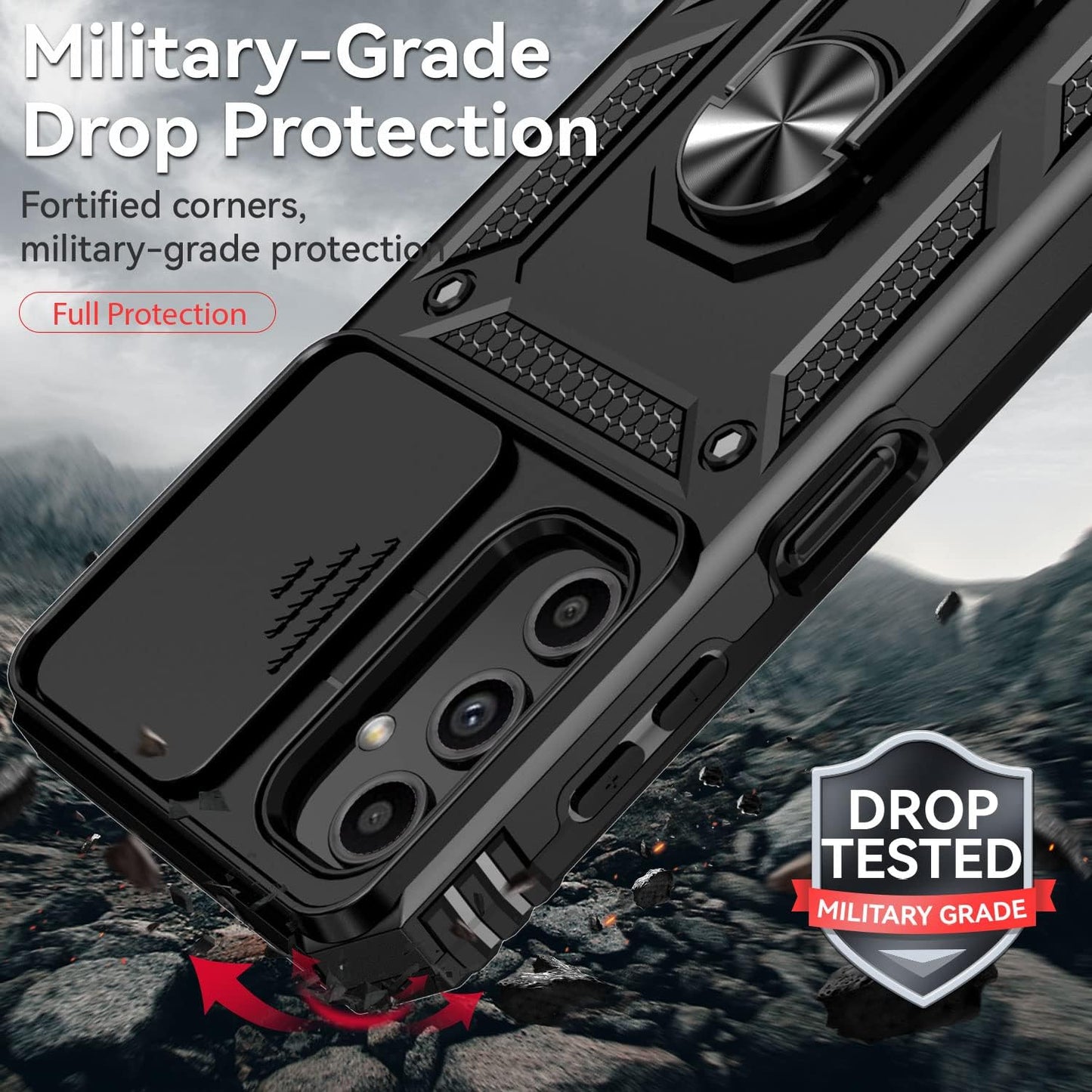 Galaxy A14 5G Phone Case [Military-Grade] with HD Screen Protector, Slide Camera Cover, Kickstand & Black PC+TPU Material