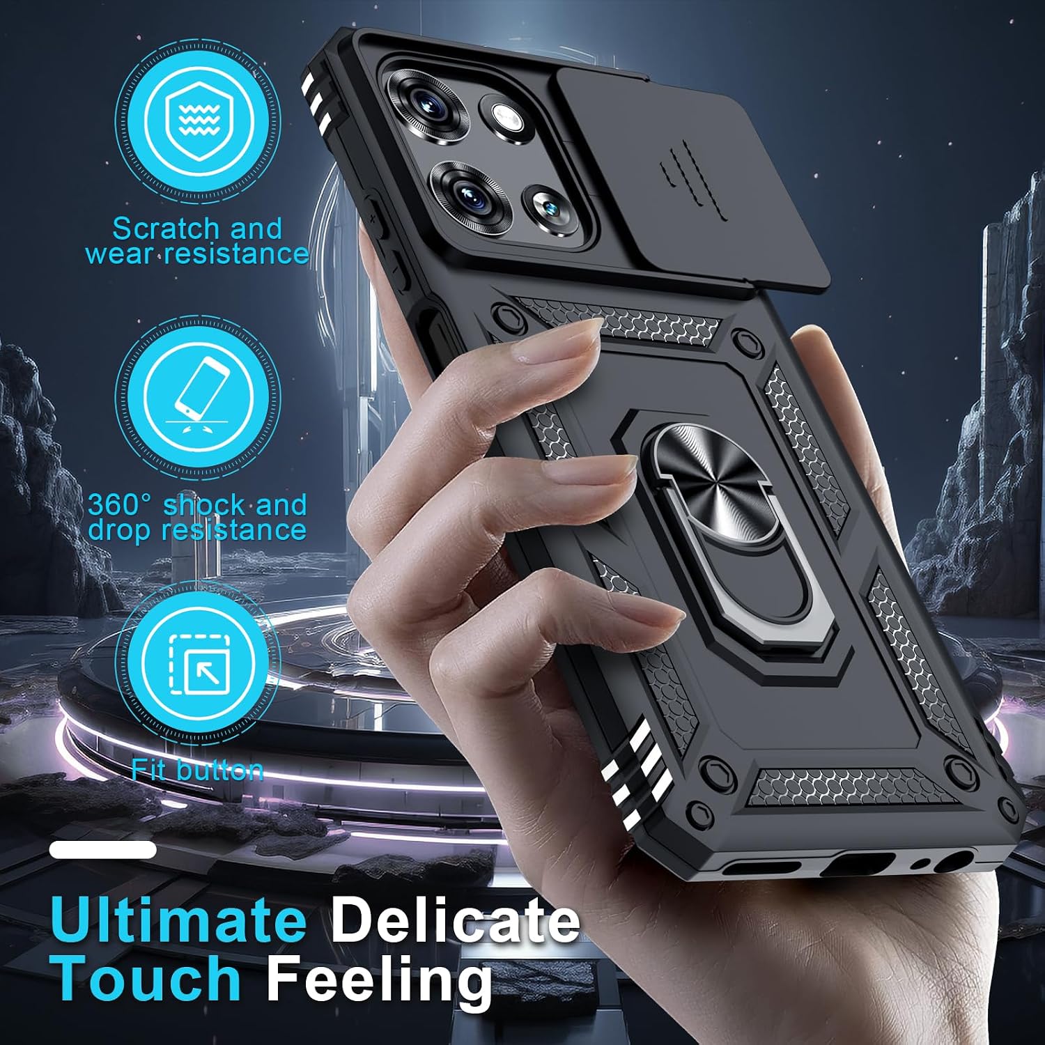 Janmitta for Moto G 2026/2025 Case,Moto G Play 2026 Case Built in Slide Camera Lens Cover+Screen Protector+Finger Ring Holder Kickstand,Heavy Duty Shockproof Full Body Protective Phone Cover,Black