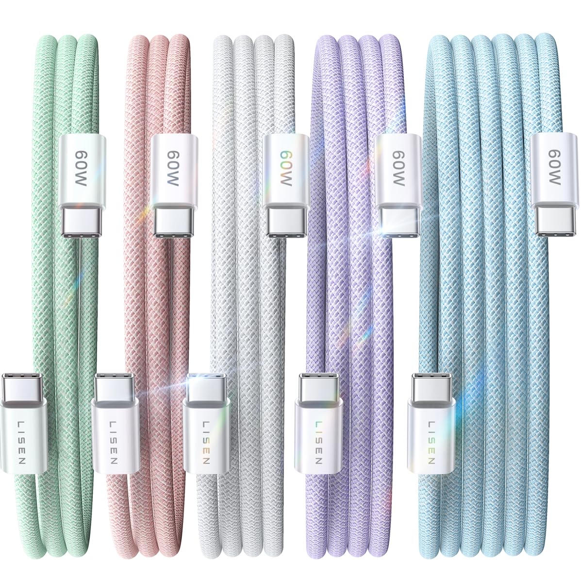 LISEN USB C to USB C Cable, 5-Pack [3.3/3.3/6.6/6.6/10FT] for iPhone 17 Charger Cord, 60W C to C Cable Fast Charging for iPad, iPhone 16 15 Pro Max, Galaxy S25/S24 USBC to USBC Cable Gifts for Men