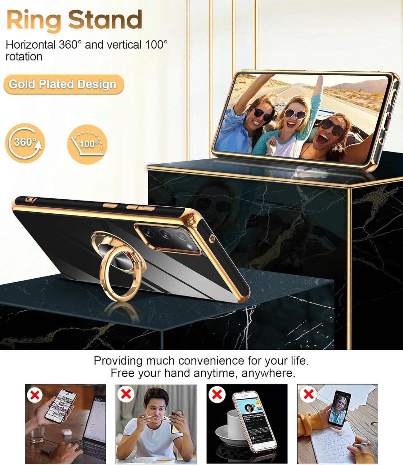LeYi for Samsung Galaxy S20-FE-5G Case: S20FE/S 20FE Phone Case with Tempered Glass Screen Protector [2 Pack], Ring Holder Magnetic Kickstand, Plating Rose Gold Protective Case for Women Girls, Black
