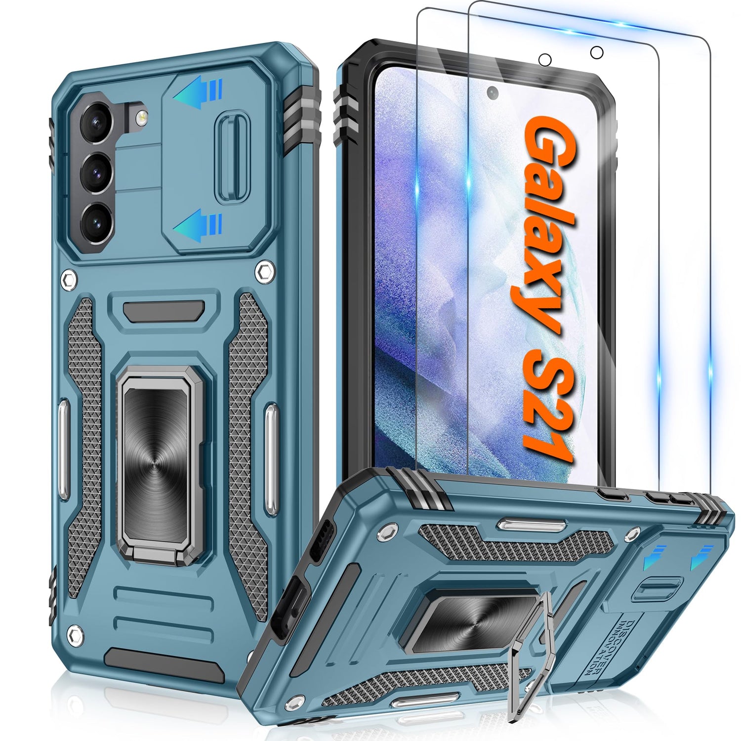 ATUMP for Samsung Galaxy S21 Case with [2 Pack] HD Screen Protector & Slide Camera Cover, 360° Rotation Ring Kickstand [Military Grade] Shockproof Protective Case for Galaxy S21 5G 6.2inch, Black