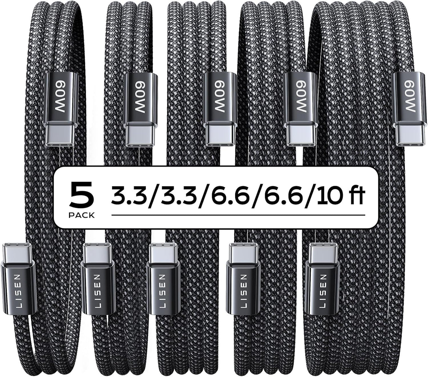 LISEN USB C to USB C Cable, 5-Pack [3.3/3.3/6.6/6.6/10FT] for iPhone 17 Charger Cord, 60W C to C Cable Fast Charging for iPad, iPhone 16 15 Pro Max, Galaxy S25/S24 USBC to USBC Cable Gifts for Men