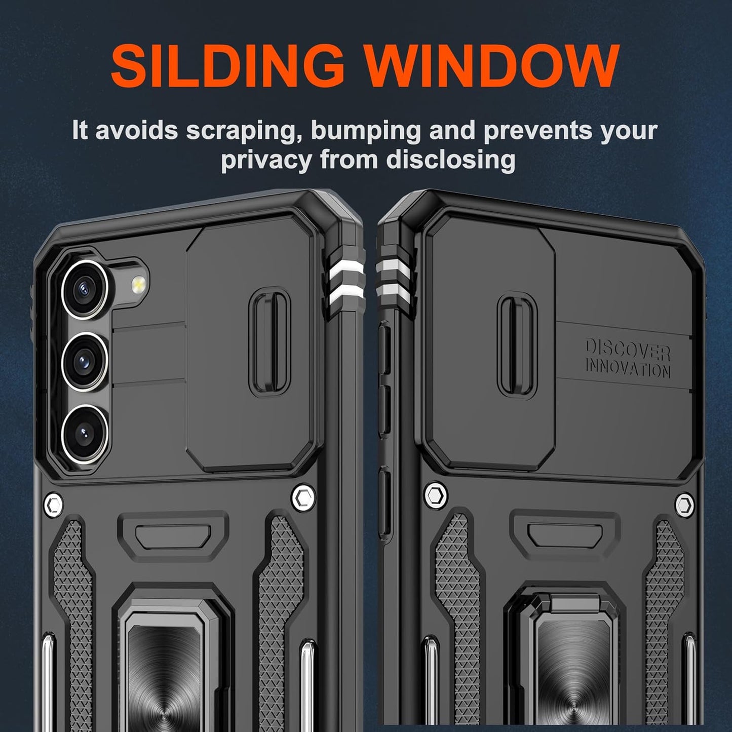 ATUMP for Samsung Galaxy S23 Case with [2 Pack] HD Screen Protector & Slide Camera Cover, 360° Rotation Ring Kickstand [Military Grade] Shockproof Protective Case for Galaxy S23 5G 6.1", Black