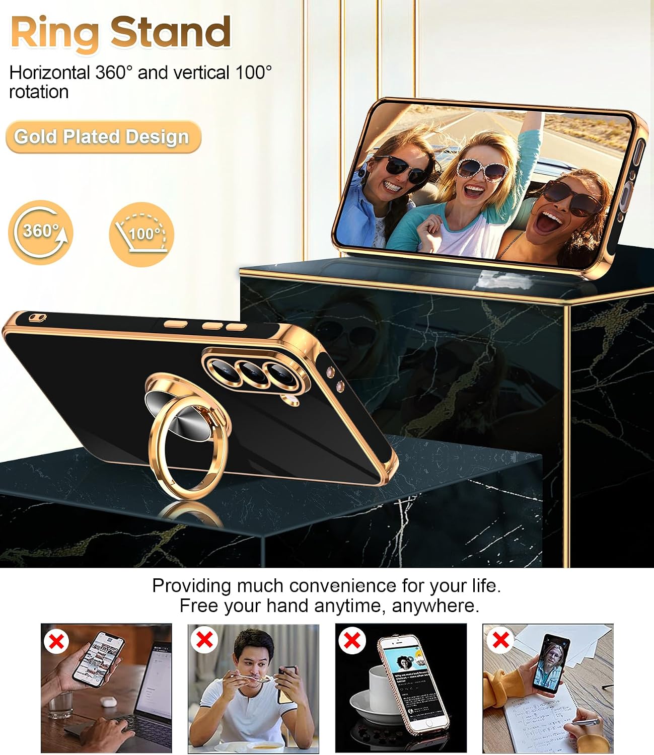 LeYi for Samsung A57 Case, 360°Magnetic Kickstand Rose Gold Plated Edge