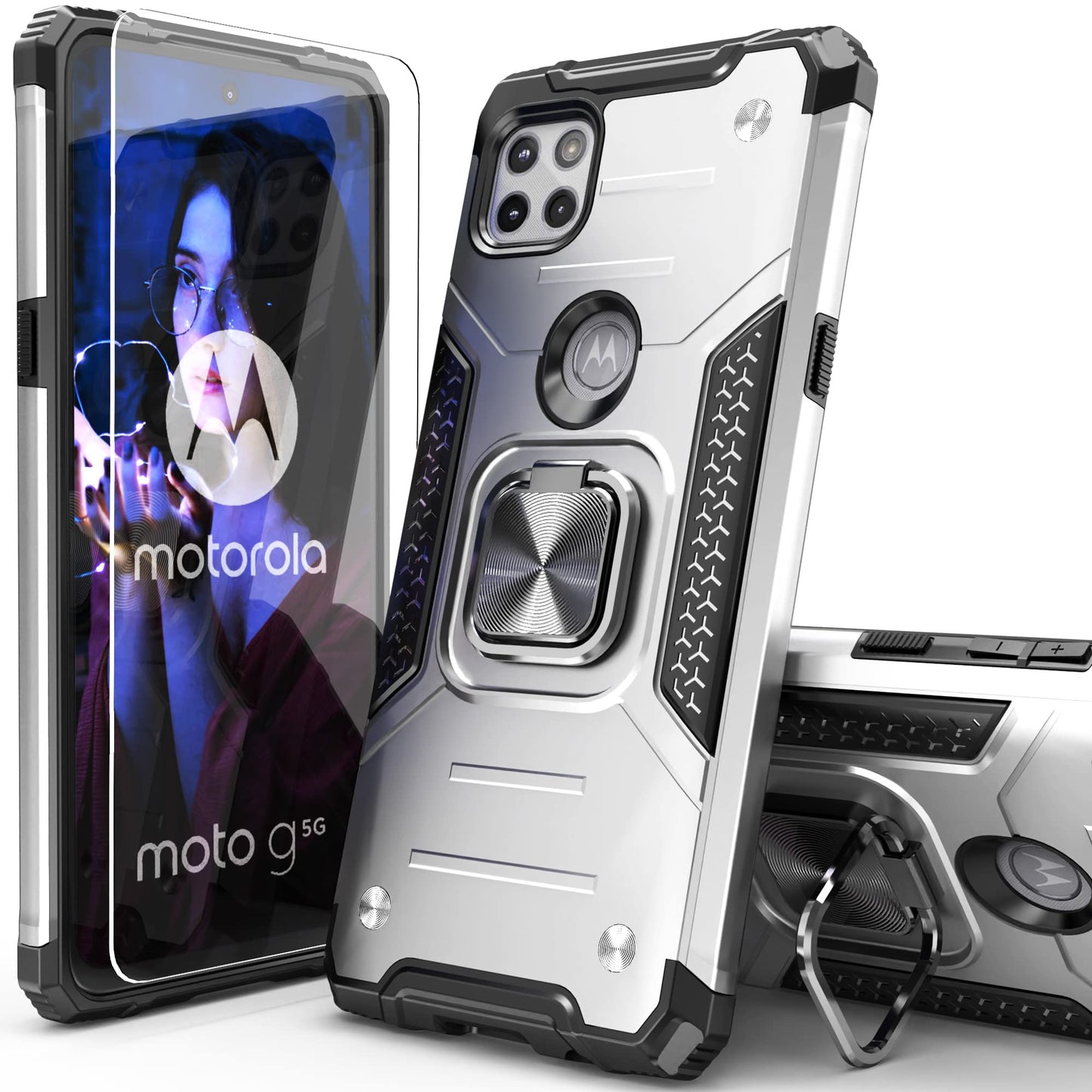 for Moto G 2025/Moto G 2026 Case with Screen Protector,Shock Absorption Heavy Duty Sturdy Drop Test Slim Fit Cover with Car Mount Kickstand Lightweight Protective Phone Case for Moto G 5G,Blue