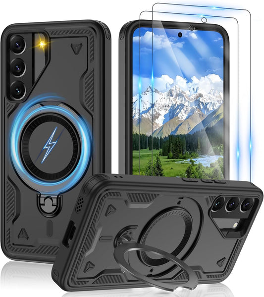 Gritup for Samsung Galaxy-S22 Case:Compatible with MagSafe & [HD Screen Protector×2],Metal Rotated Kickstand,Military Grade Drop Proof Anti-Fingerprint Protective Case for Samsung S22,Black