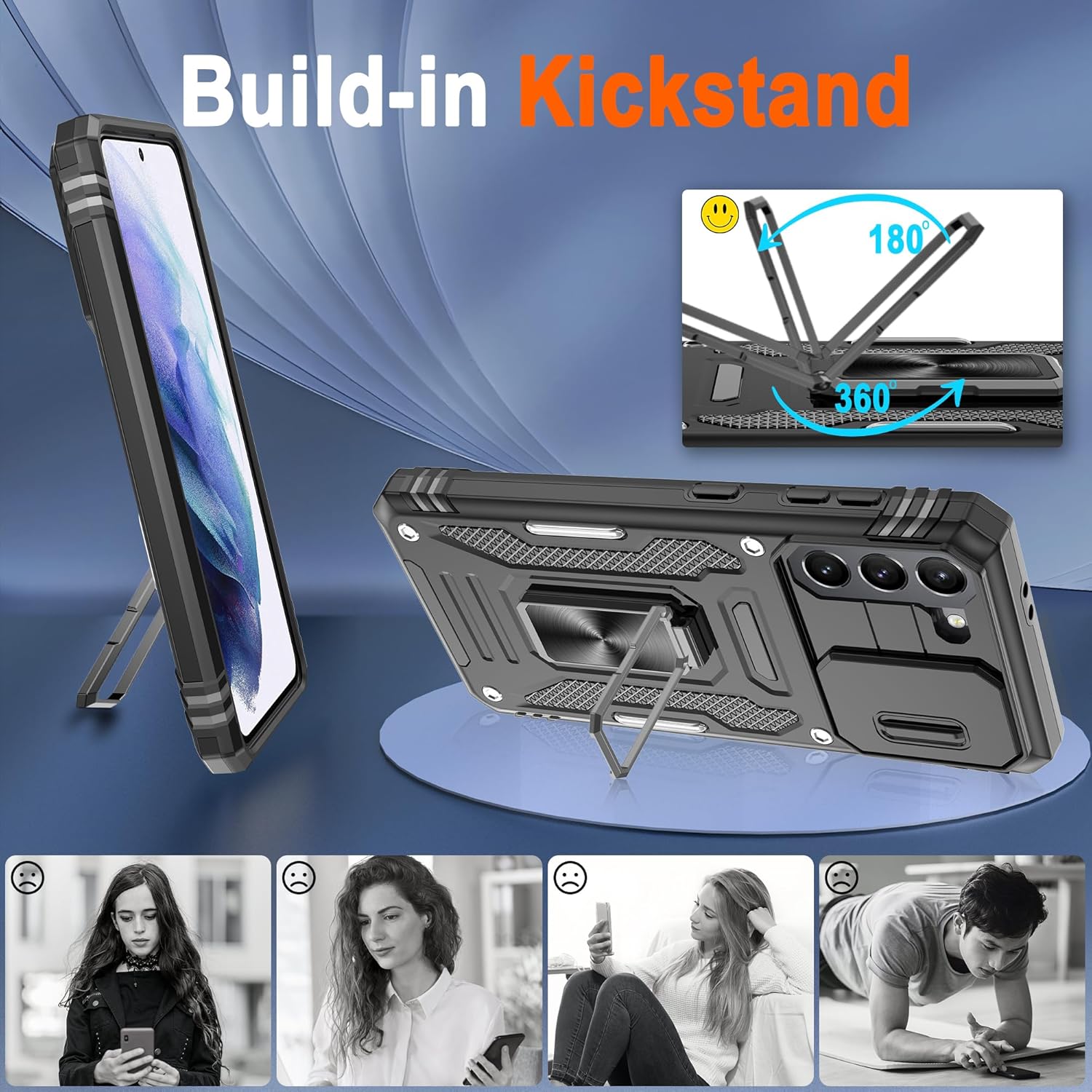 ATUMP for Samsung Galaxy S21 Case with [2 Pack] HD Screen Protector & Slide Camera Cover, 360° Rotation Ring Kickstand [Military Grade] Shockproof Protective Case for Galaxy S21 5G 6.2inch, Black