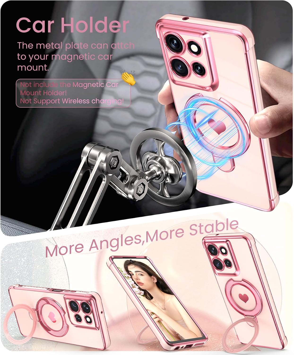 for Motorola Moto G Power 5G 2025/2026 Phone Case with Screen Protector,Cute Love Heart,Ring Metal Kickstand,Plated Gold Edge Soft TPU Protection Cover for Moto G Power 2025/2026 (Pink)