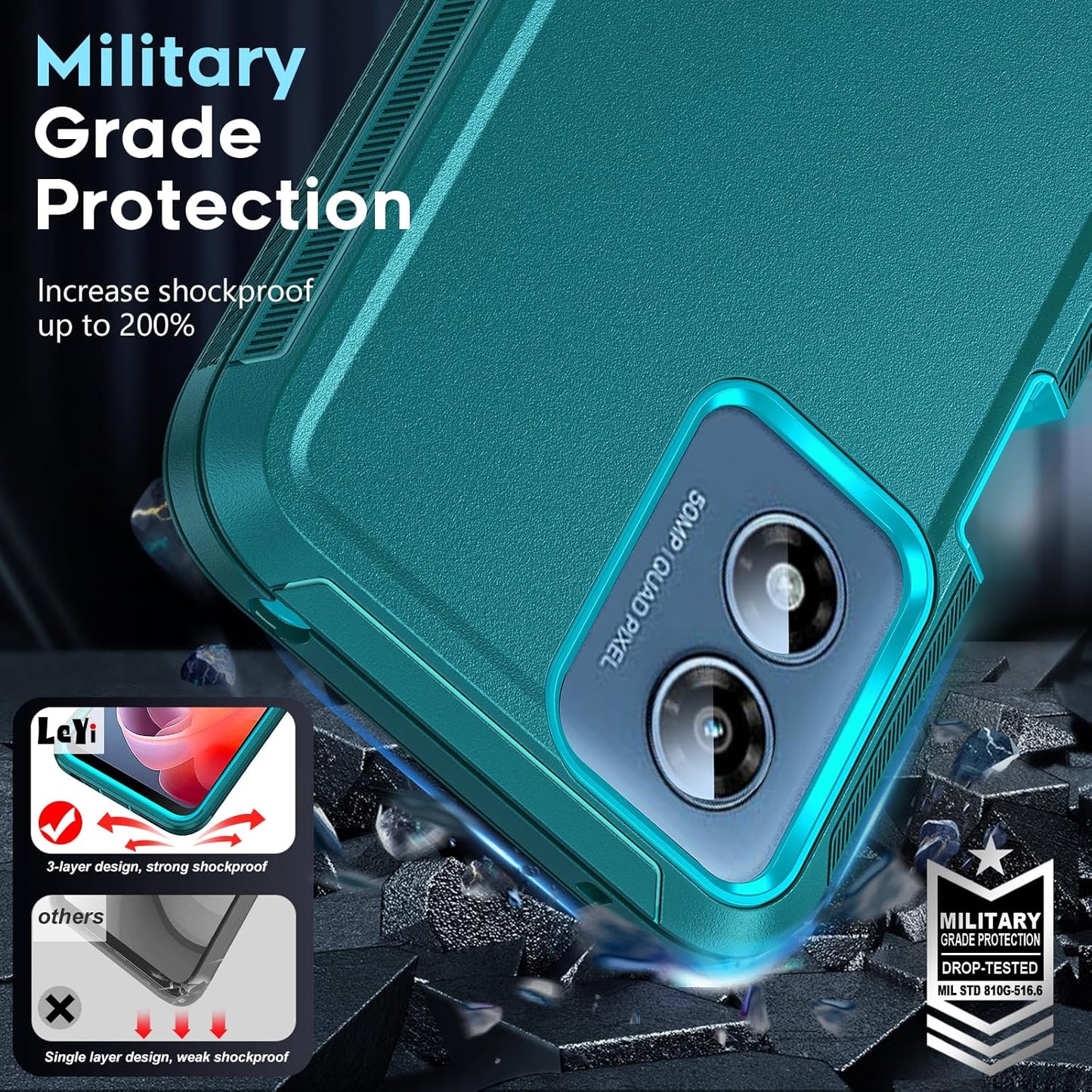 LeYi Compatible for Moto-G-Play-2024 Case 4G: Motorola G Play 2024 Phone Case 4G [Not Fit G Play 5G 2024] with 2 Pack HD Screen Protectors, Heavy Duty 3 in 1 Shockproof Protective Funda, Teal