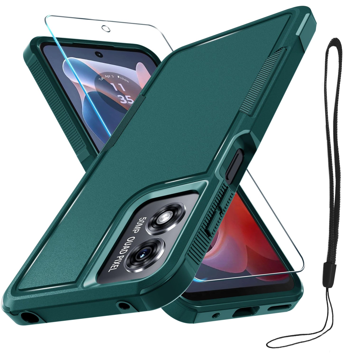 for Motorola G Play 2026/Moto G 2026 Case, Full Body Heavy Duty Rugged Shockproof Protective Phone Cover with Lanyard Strap+Tempered Glass Screen Protector, Black Matte