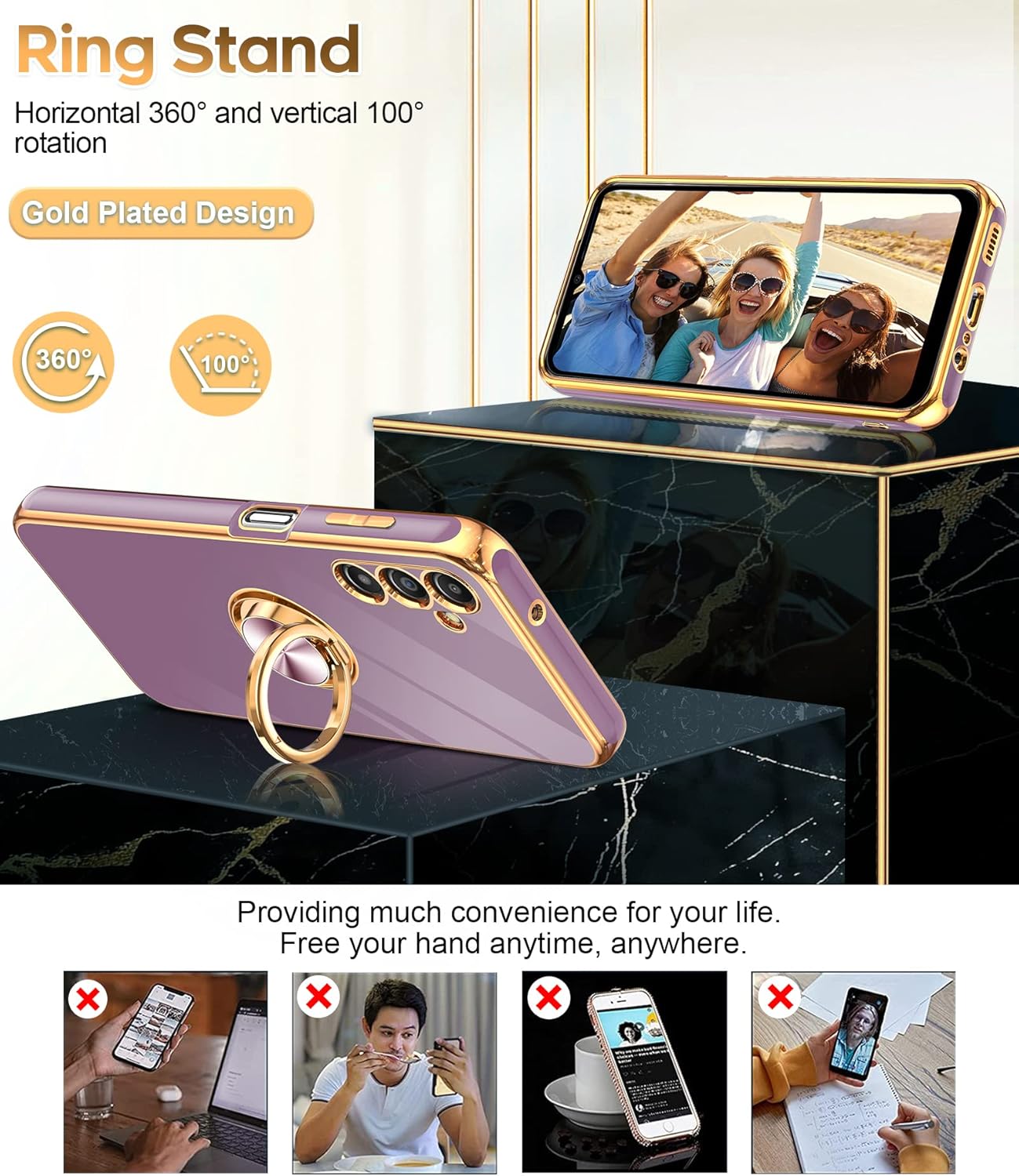LeYi for Samsung Galaxy A14 5G Case with [2 Pack] Tempered Glass Screen Protector 360° Rotatable Ring Holder Magnetic Kickstand, Plating Rose Gold Edge Protective Case, Purple
