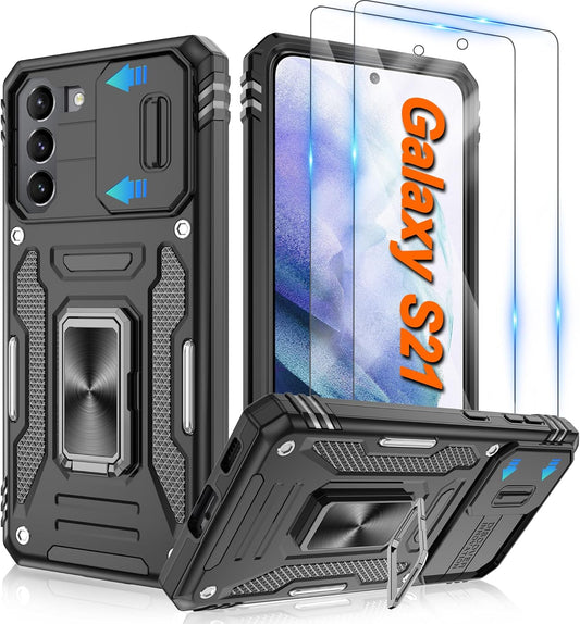 ATUMP for Samsung Galaxy S21 Case with [2 Pack] HD Screen Protector & Slide Camera Cover, 360° Rotation Ring Kickstand [Military Grade] Shockproof Protective Case for Galaxy S21 5G 6.2inch, Black
