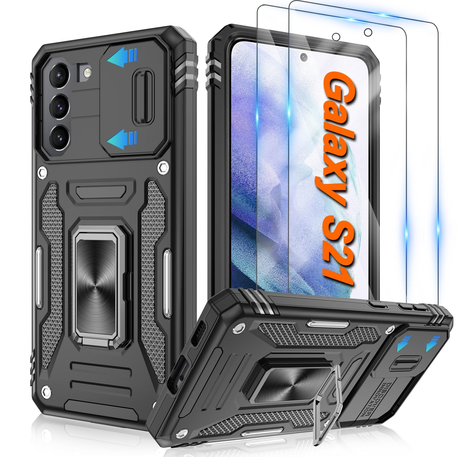 ATUMP for Samsung Galaxy S23 Case with [2 Pack] HD Screen Protector & Slide Camera Cover, 360° Rotation Ring Kickstand [Military Grade] Shockproof Protective Case for Galaxy S23 5G 6.1", Black