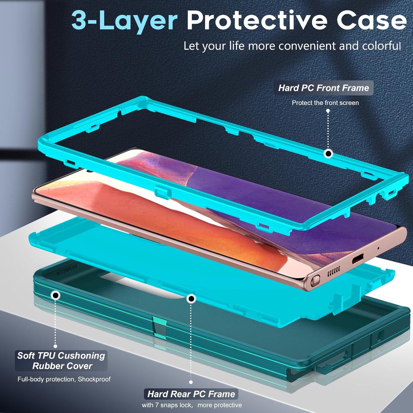 LeYi Compatible for Samsung Galaxy Note-20 Case[𝐍𝐨𝐭 𝐅𝐢𝐭 Note 20 Ultra]: Samsung Note 20 Case, Military Grade Protection, 3 in 1 Full Body Shockproof Drop Cell Phone Cover Funda Note20, Teal Blue