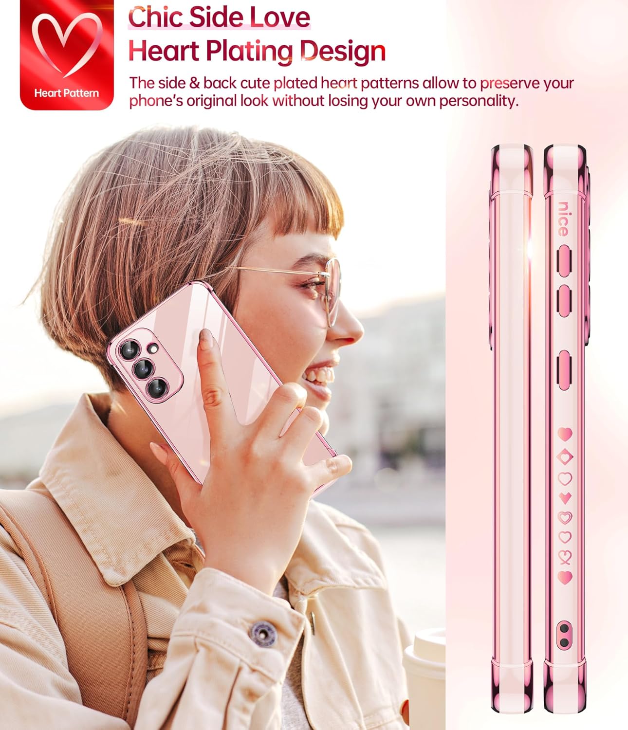 LeYi for Galaxy S23 FE Case: with Tempered Glass Screen Protector [2 Pcs]+ Full Camera Lens Protection, Love Heart Plating Women Cute Luxury Soft TPU Shockproof Case for Samsung S23FE 5G, Pink