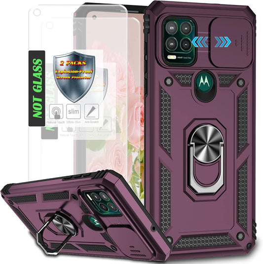 AYMECL Case for Moto G Stylus 5G (2021) with Slide Camera Cover and [2 Packs] Explosion-Proof Film, Built-in 360° Rotating Ring Stand Magnetic Cover for Motorola Moto G Stylus 5G 6.8 Inch - Wine Red