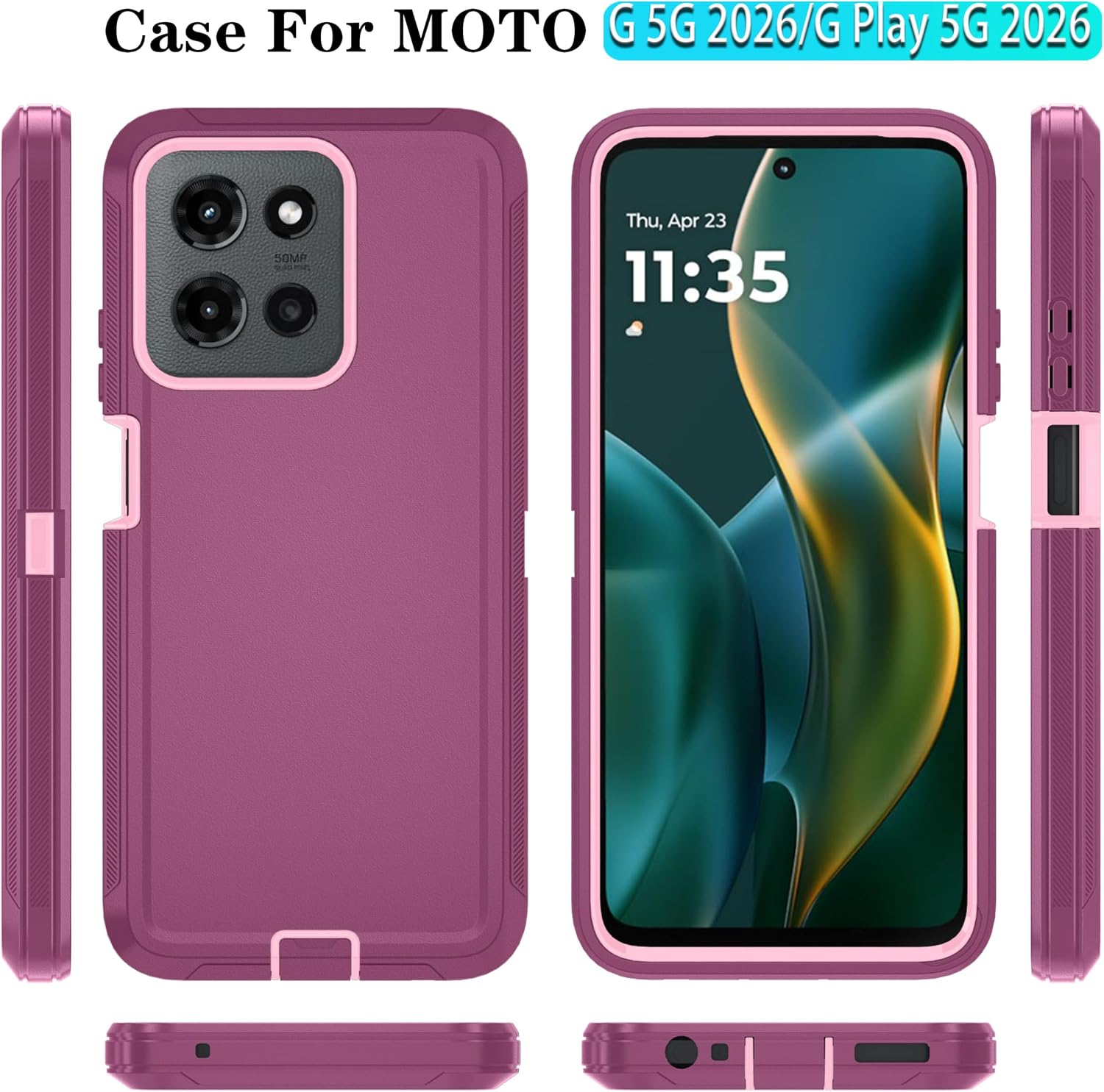 Qinmay Phone Case for Motorola Moto G 2026/Moto G Play 5G 2026 Case with HD Screen Protector, Heavy Duty Shockproof & Dropproof 3-Layer Cover Phone Case,WineRedPink